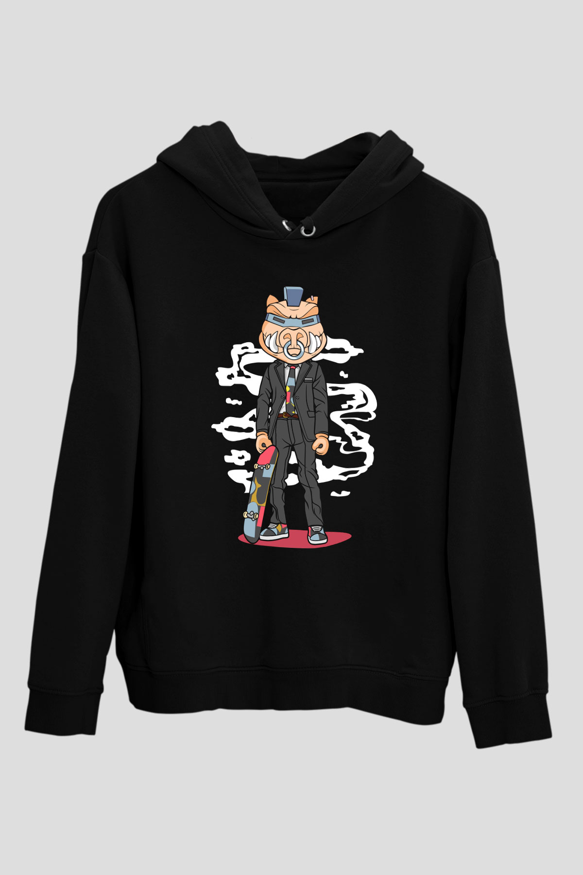 Skater Pig Baskılı Unisex Siyah Hoodie