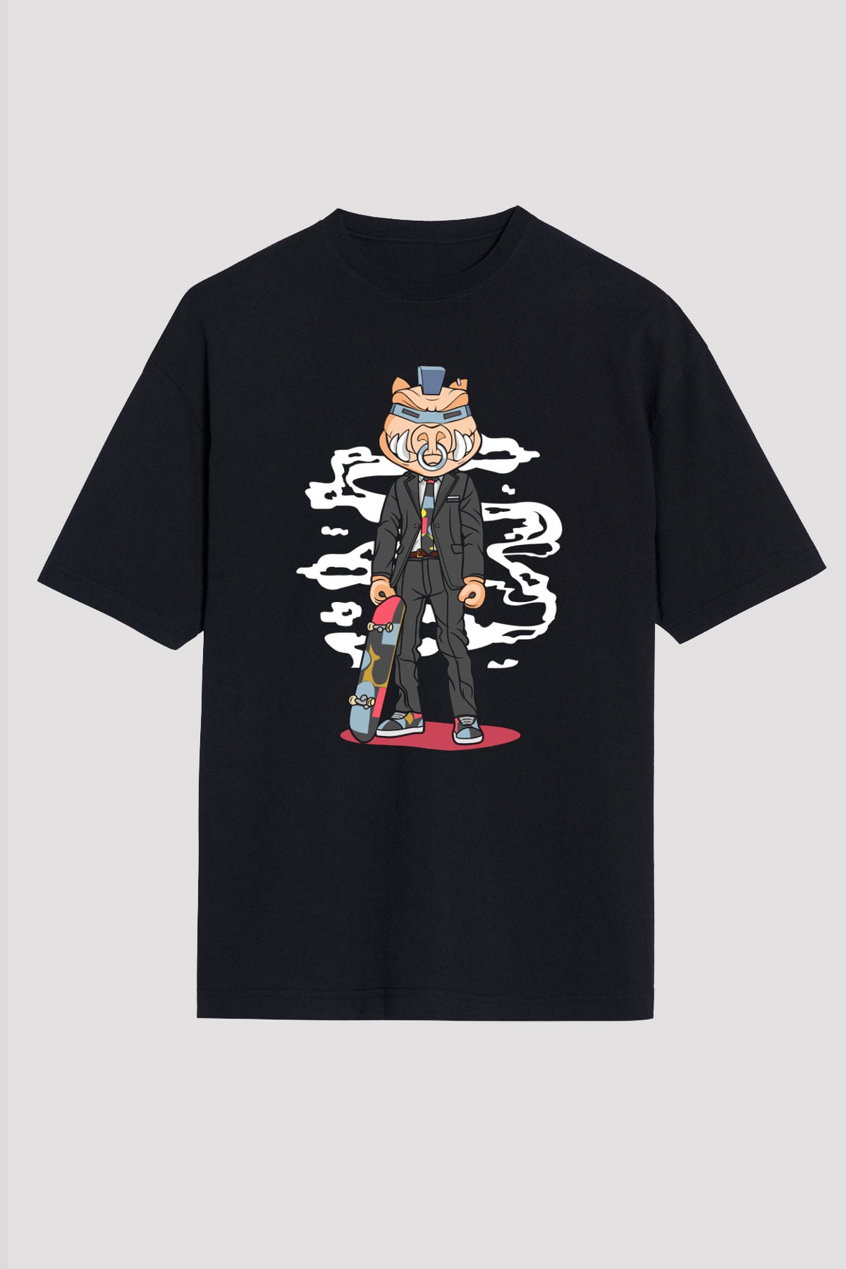 Skater Pig Baskılı Unisex Siyah Oversize Tişört