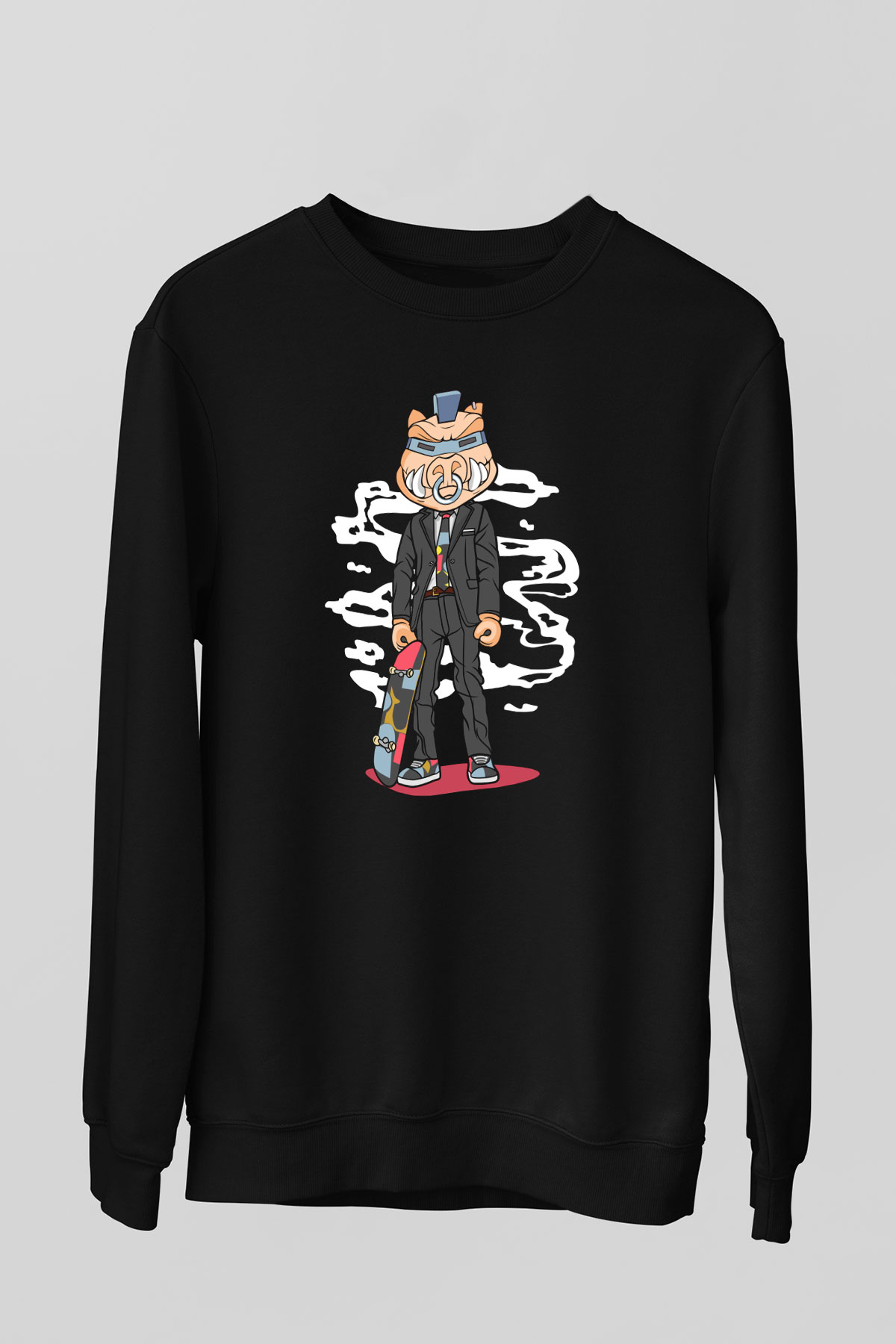 Skater Pig Baskılı Unisex Siyah Sweatshirt