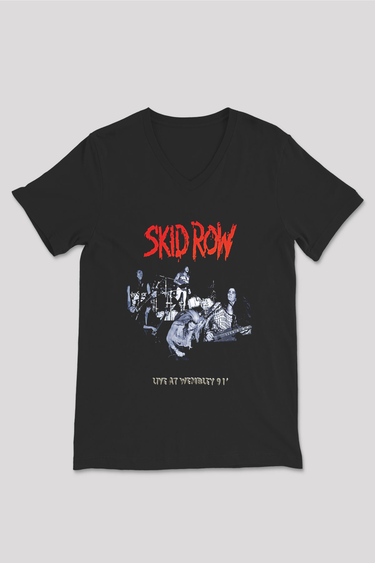 Skid Row Baskılı Unisex Siyah V Yaka Tişört - Tshirt