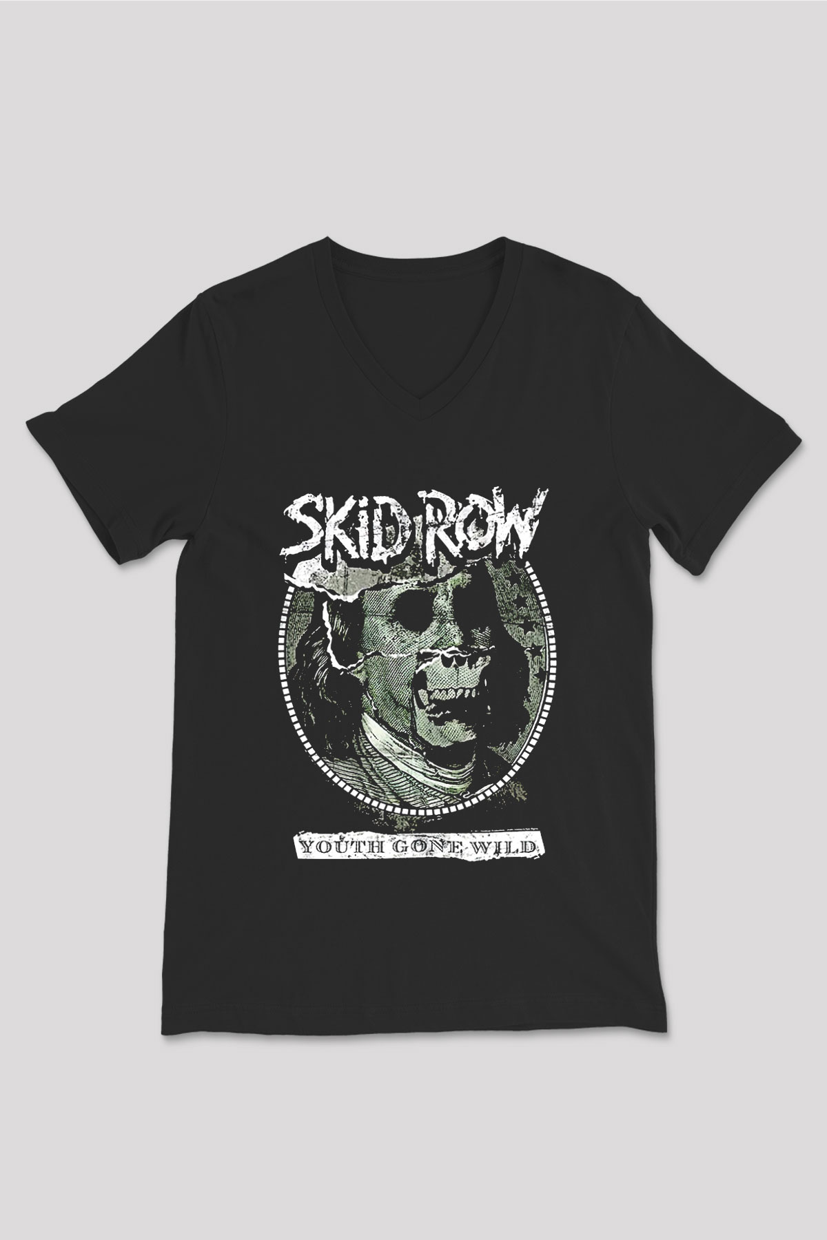 Skid Row Baskılı Unisex Siyah V Yaka Tişört - Tshirt