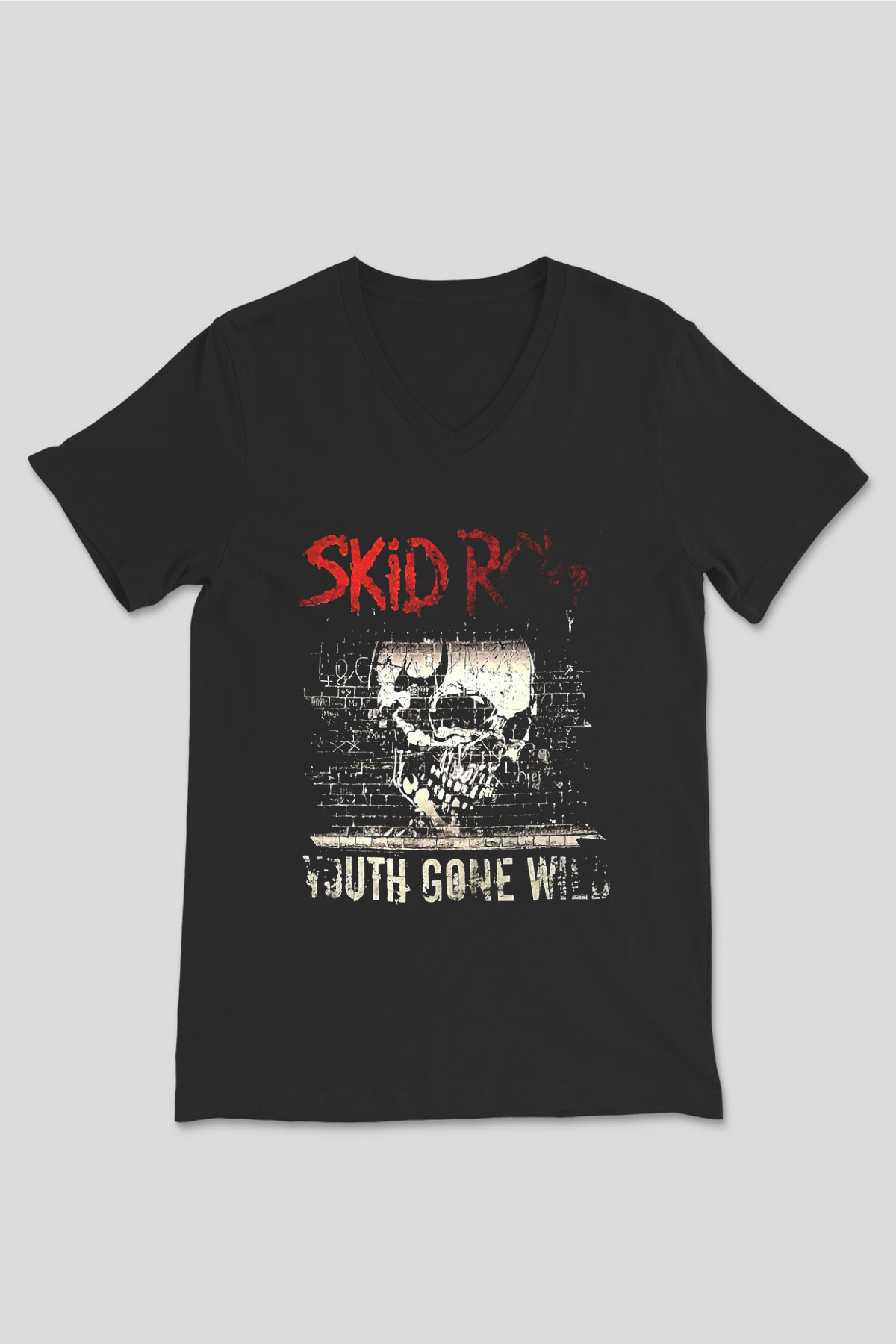 Skid Row Baskılı Unisex Siyah V Yaka Tişört - Tshirt