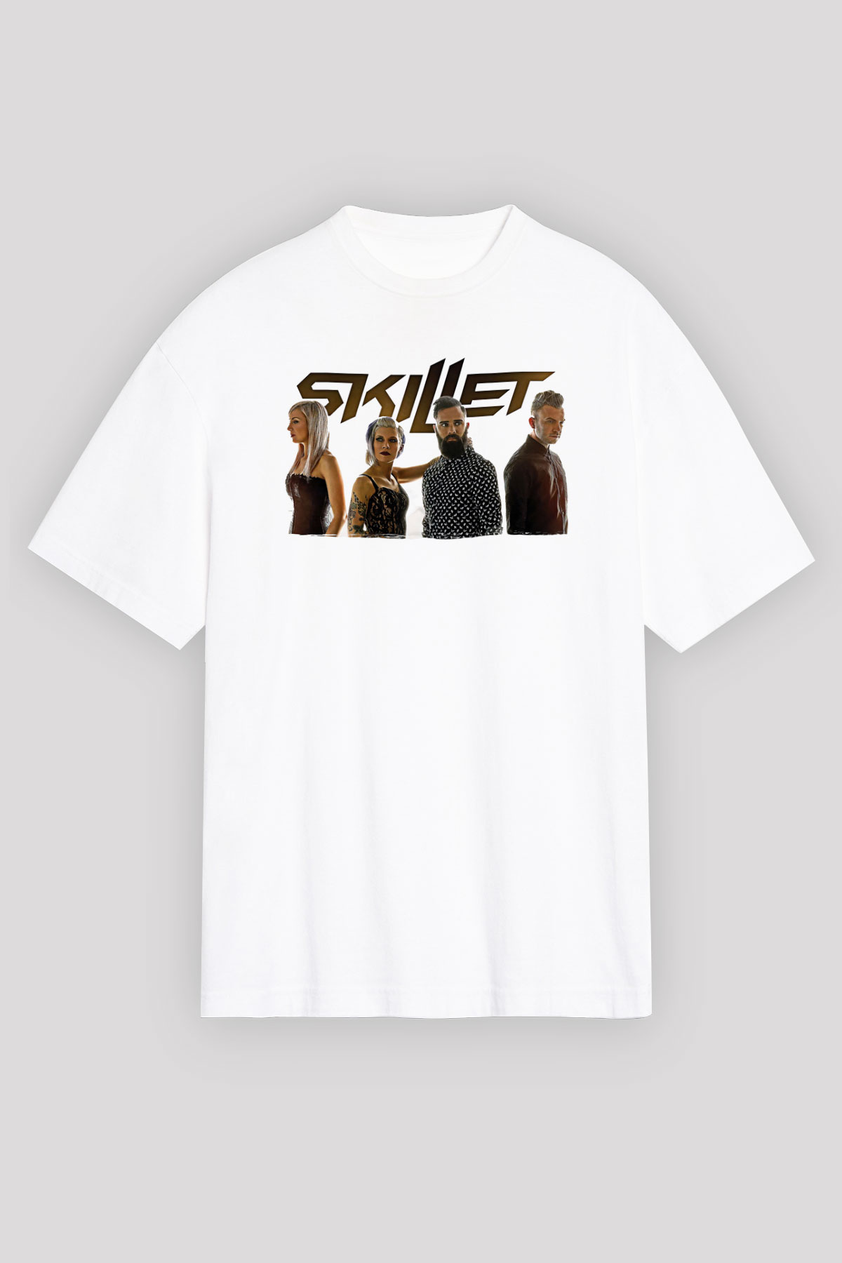 Skillet Baskılı Beyaz Unisex Oversize Tişört - Tshirt