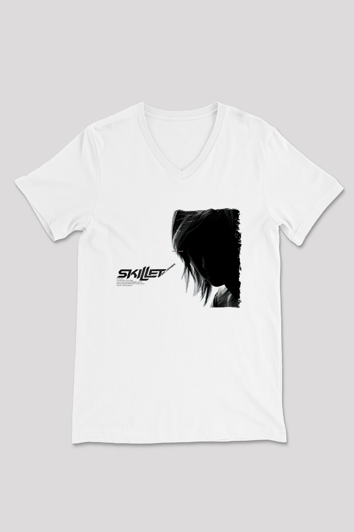 Skillet Baskılı Beyaz Unisex V Yaka Tişört - Tshirt