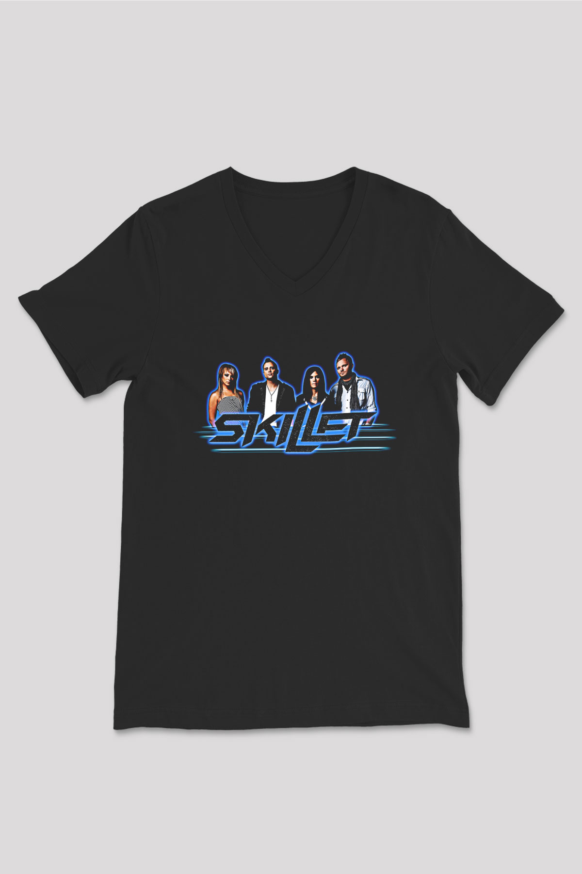 Skillet Baskılı Unisex Siyah V Yaka Tişört - Tshirt
