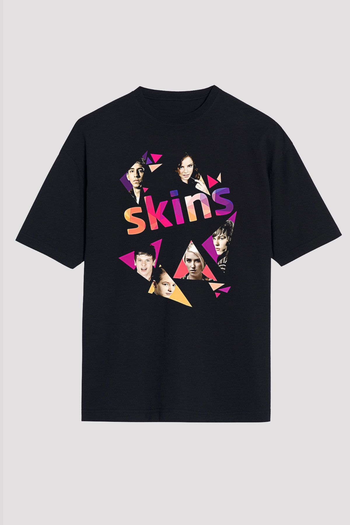 Skins Baskılı Unisex Siyah Oversize Tişört - Tshirt
