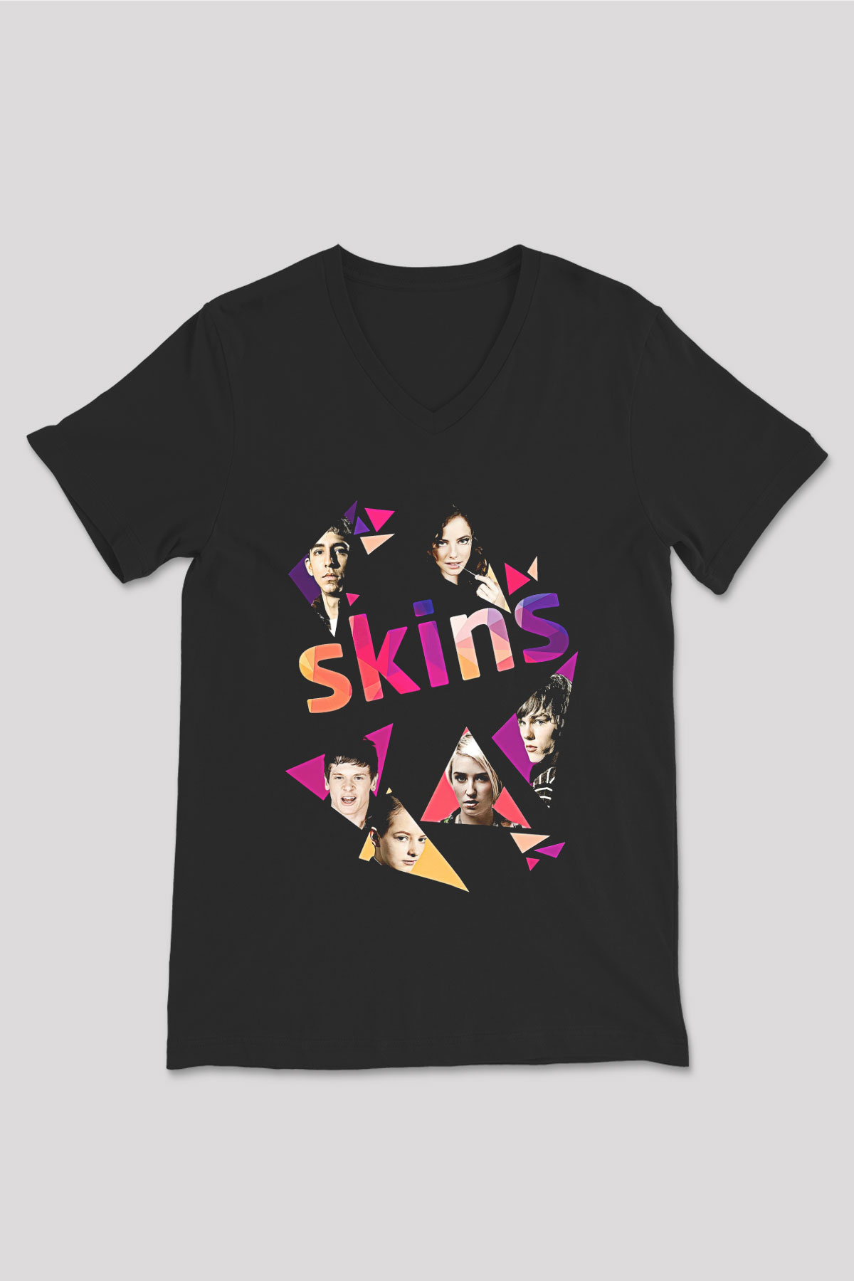 Skins Baskılı Unisex Siyah V Yaka Tişört - Tshirt