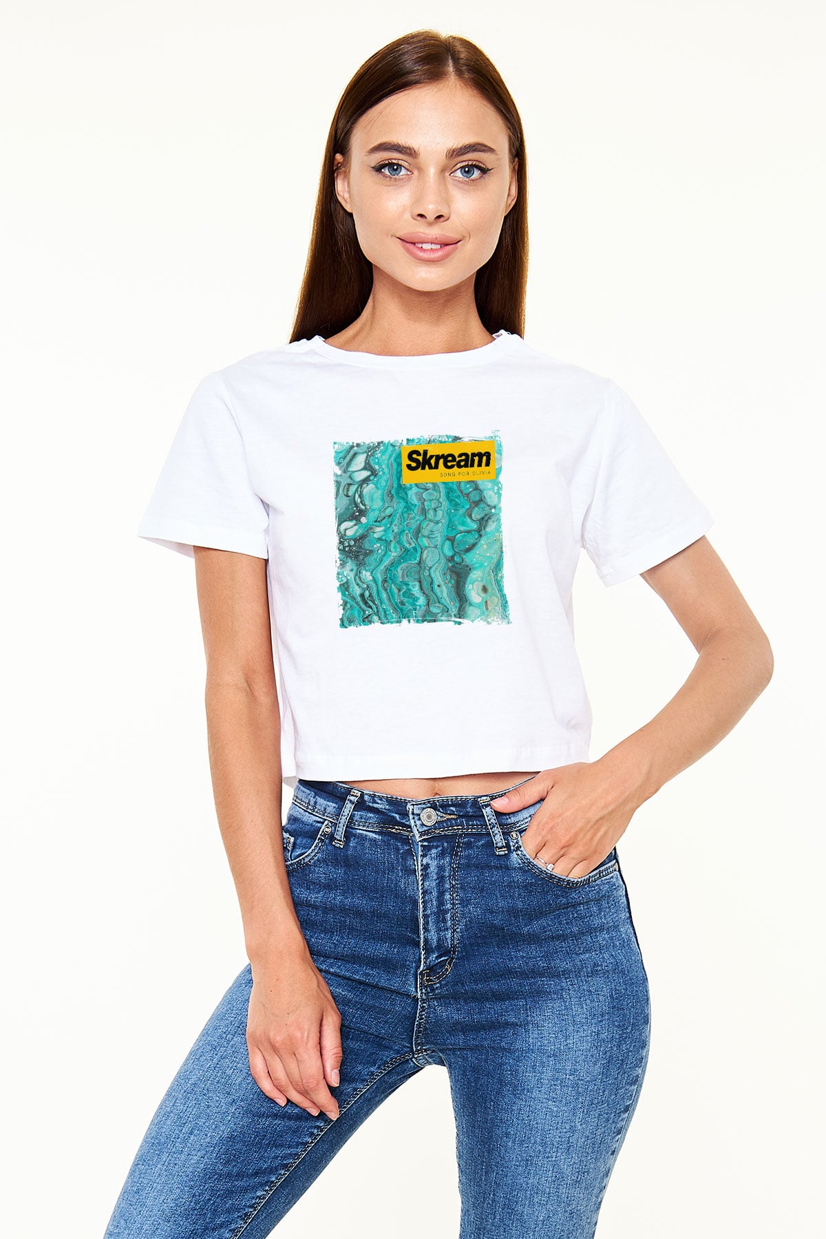 Skream Baskılı Beyaz Kadın Crop Top Tişört