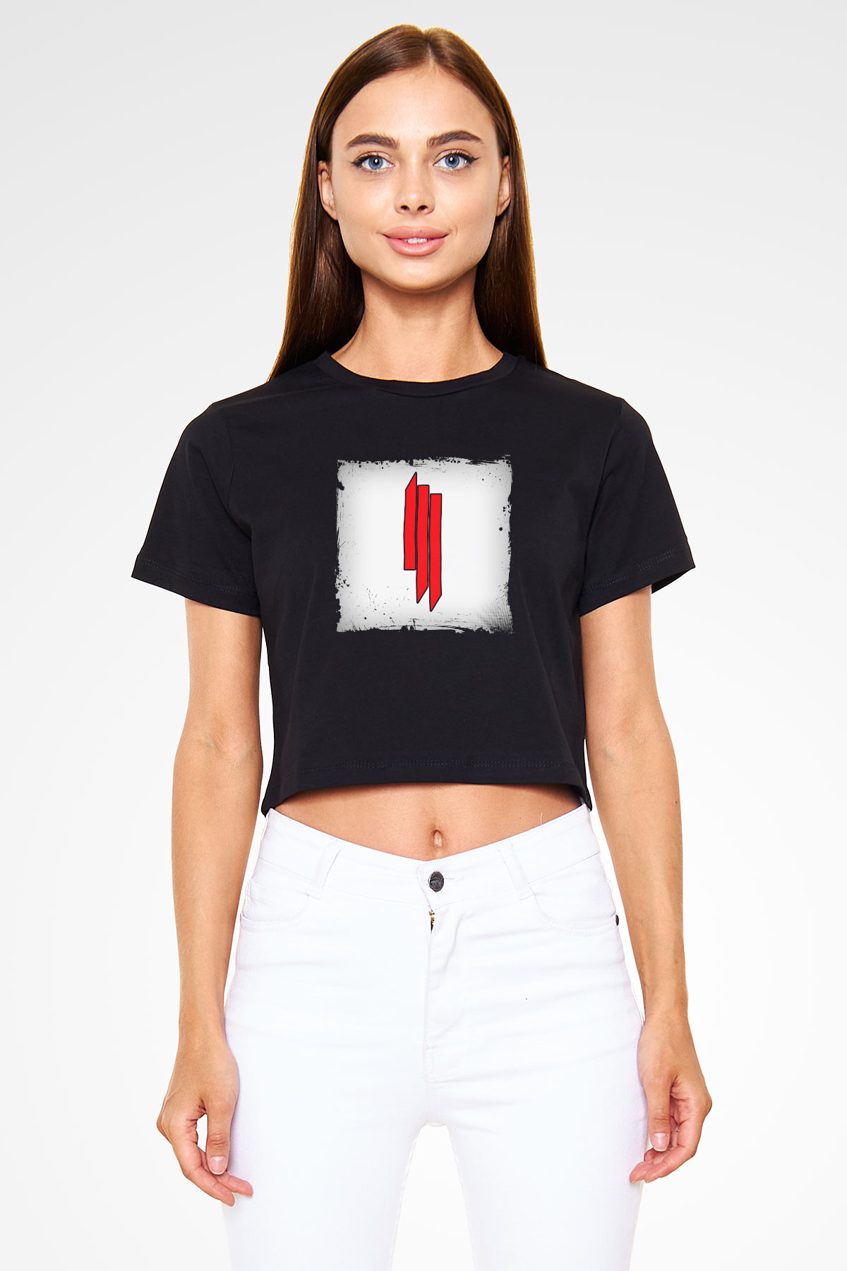 Skrillex Baskılı Crop Top Siyah Kadın Tişört