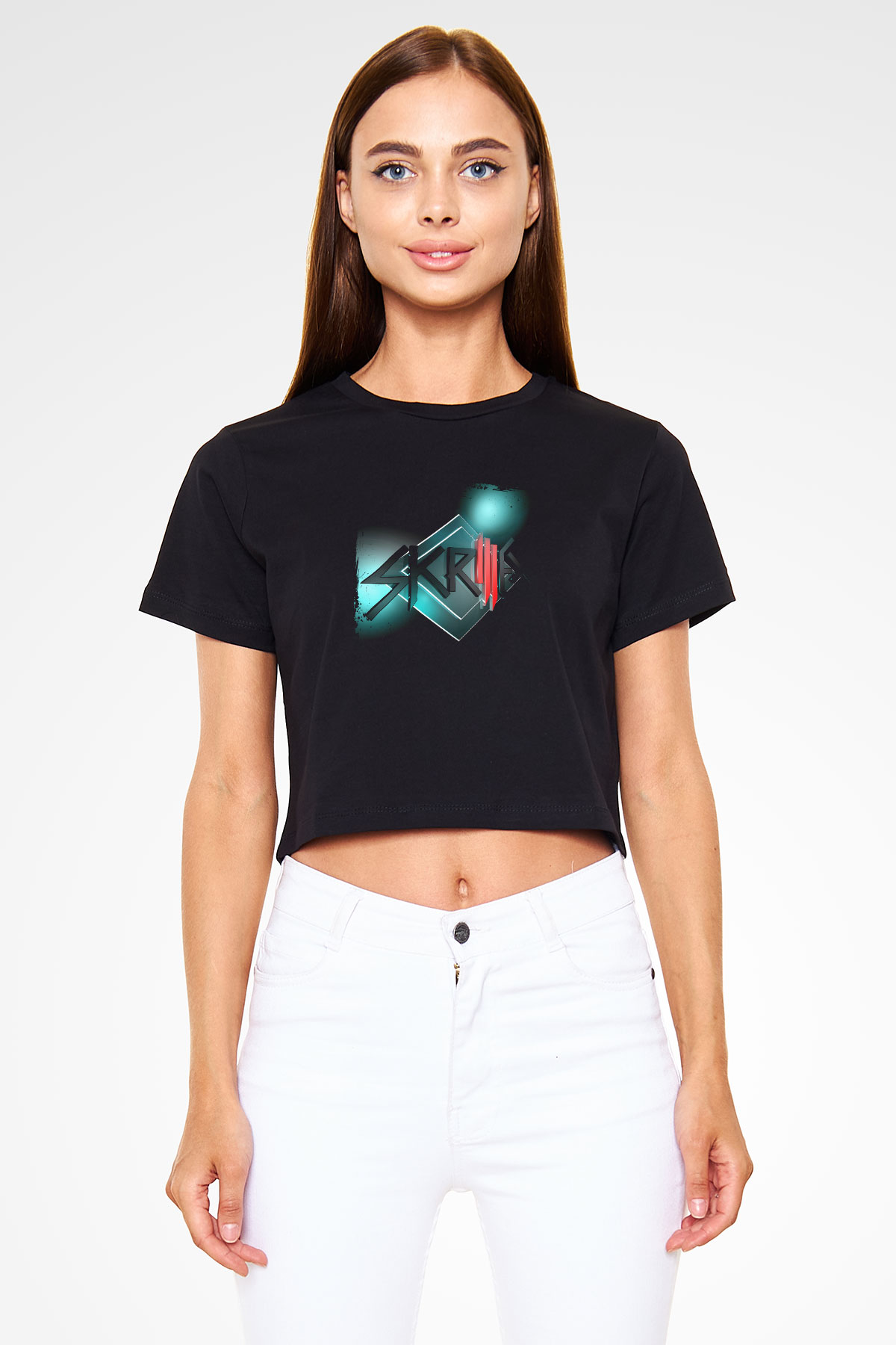 Skrillex Baskılı Crop Top Siyah Kadın Tişört