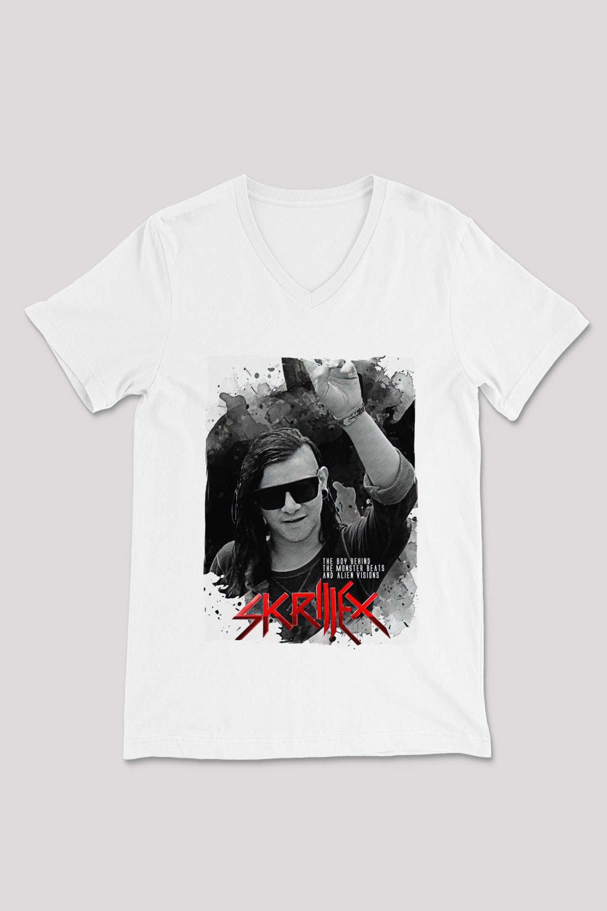 Skrillex Beyaz Unisex V Yaka Tişört