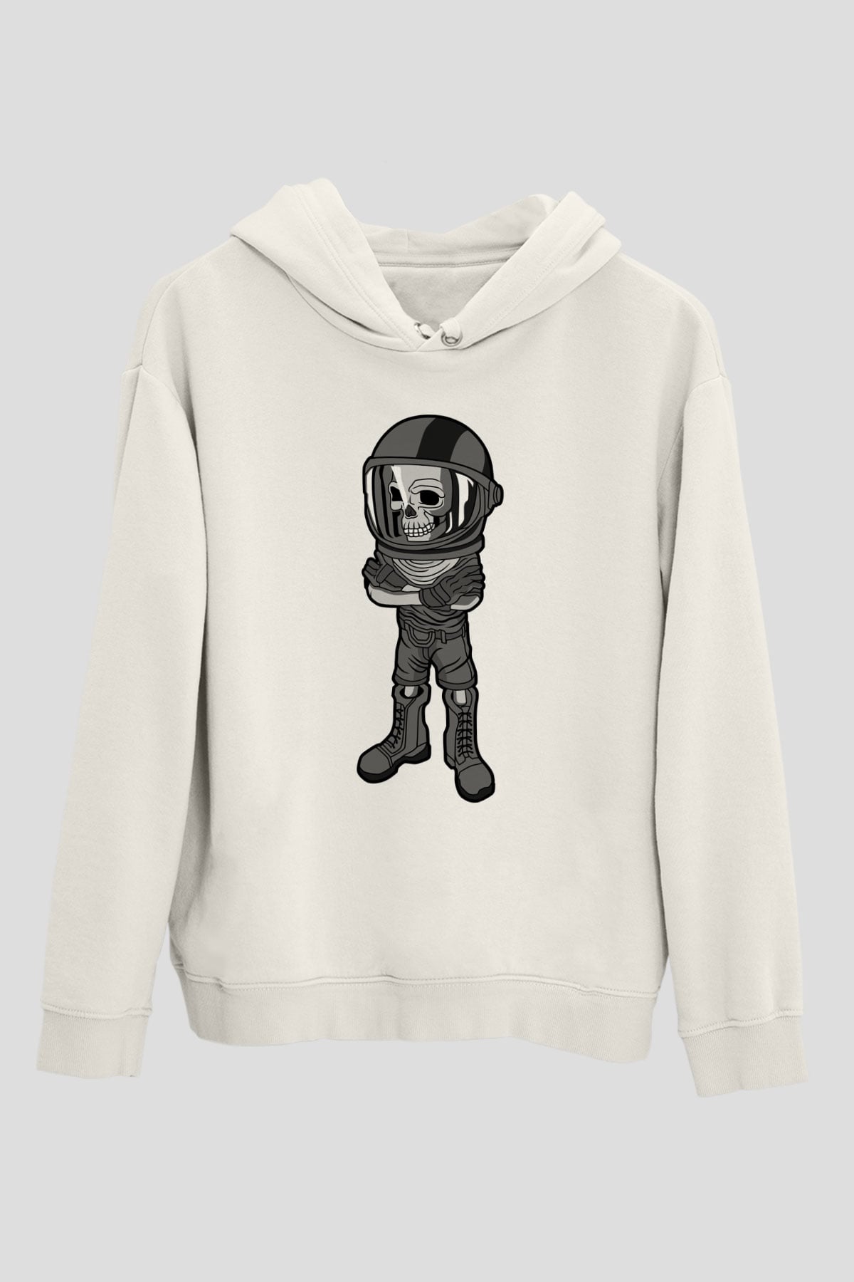 Skull Helmet Baskılı Beyaz Unisex Hoodie