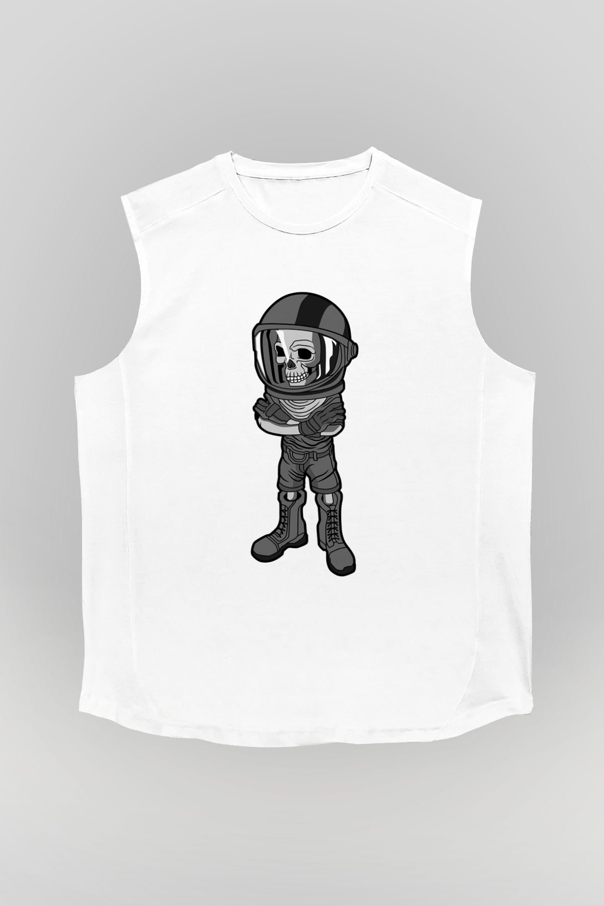 Skull Helmet Baskılı Beyaz Unisex Kolsuz Tişört