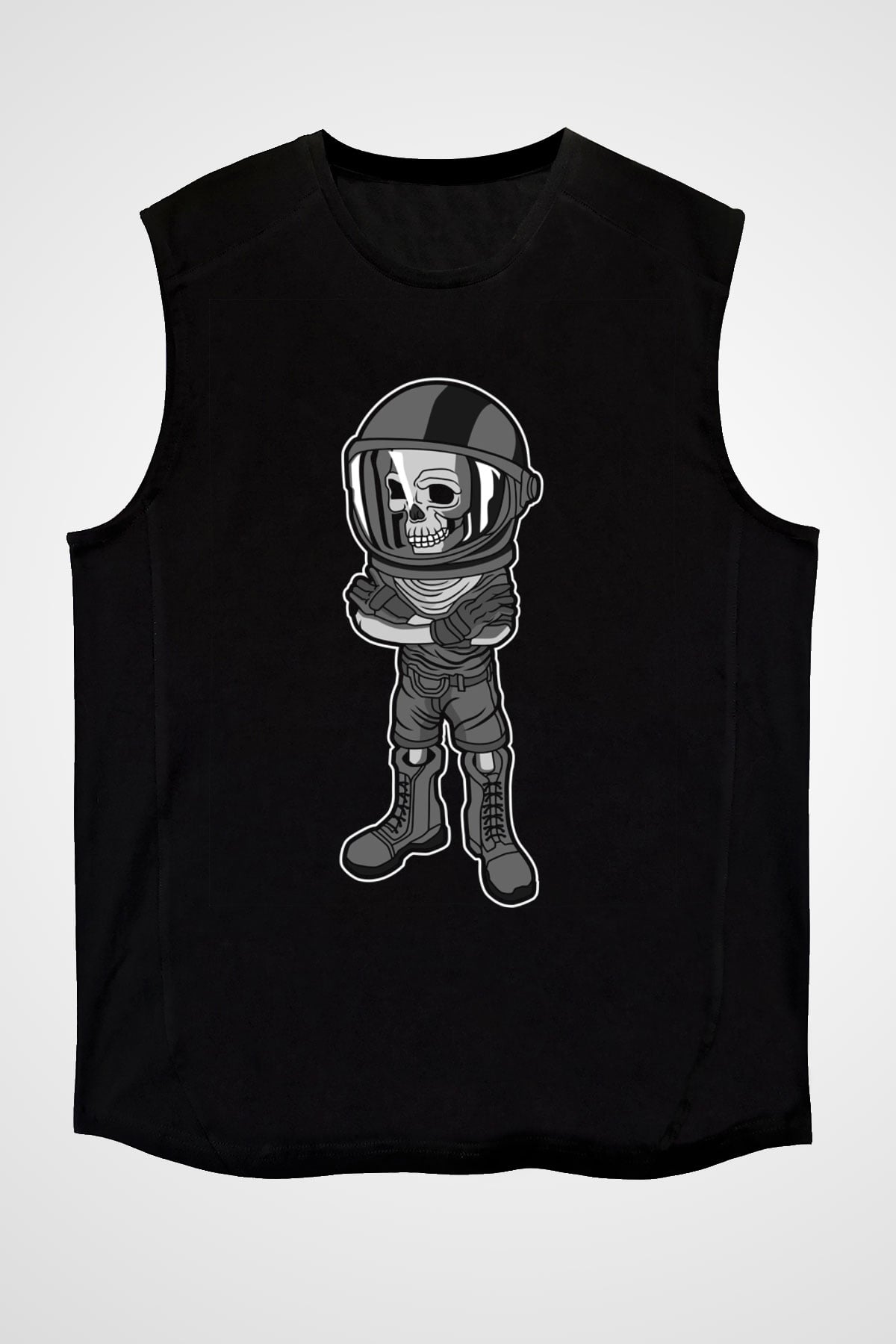 Skull Helmet Baskılı Siyah Unisex T-Shirt