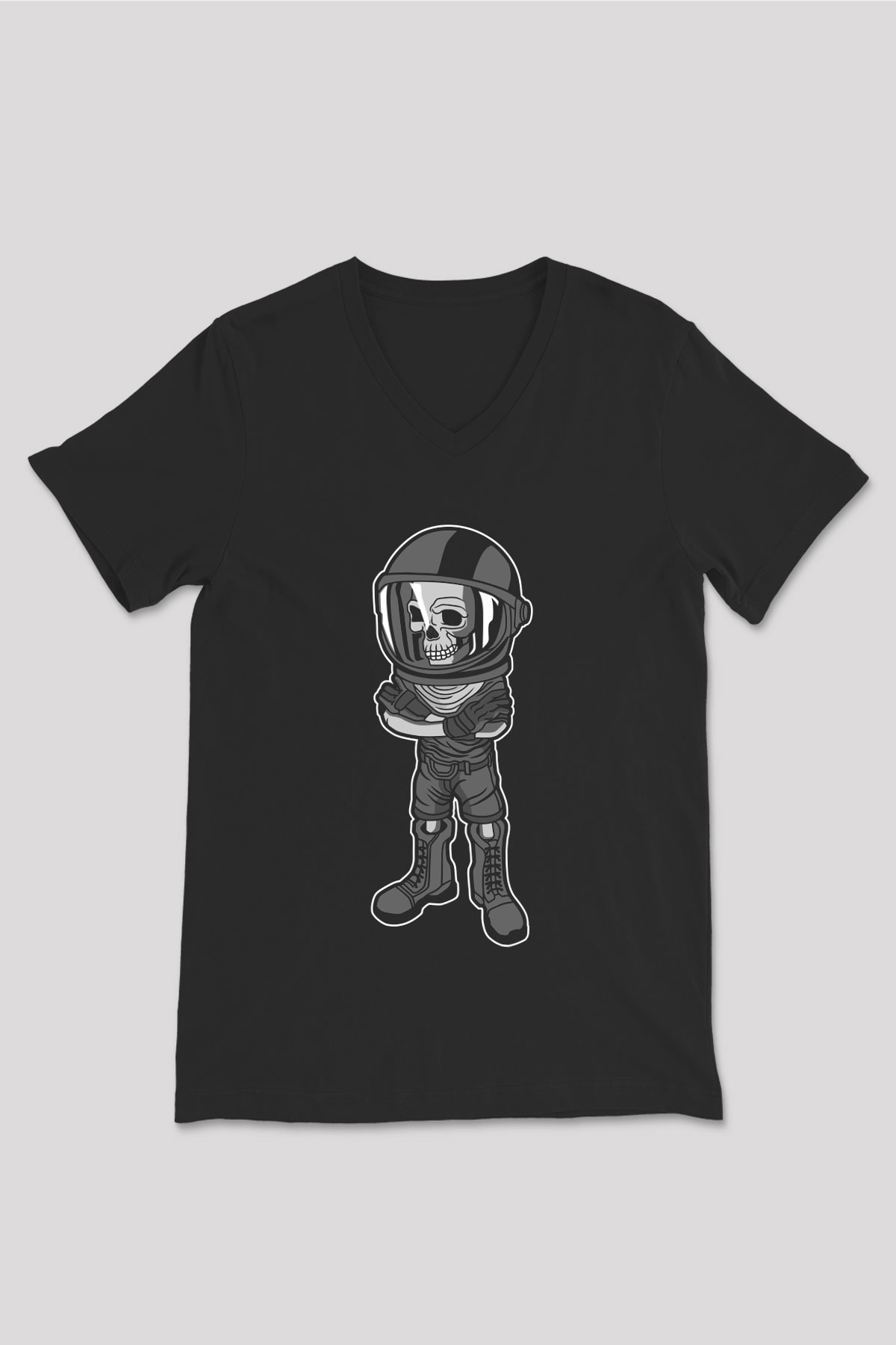 Skull Helmet Baskılı Siyah Unisex V Yaka Tişört