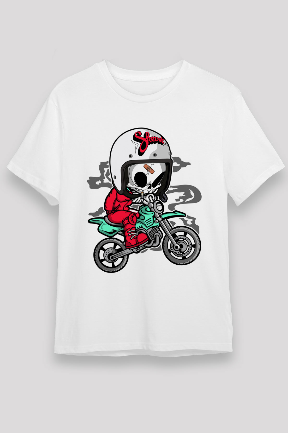 Skull Motocrosser Baskılı Beyaz Unisex T-Shirt