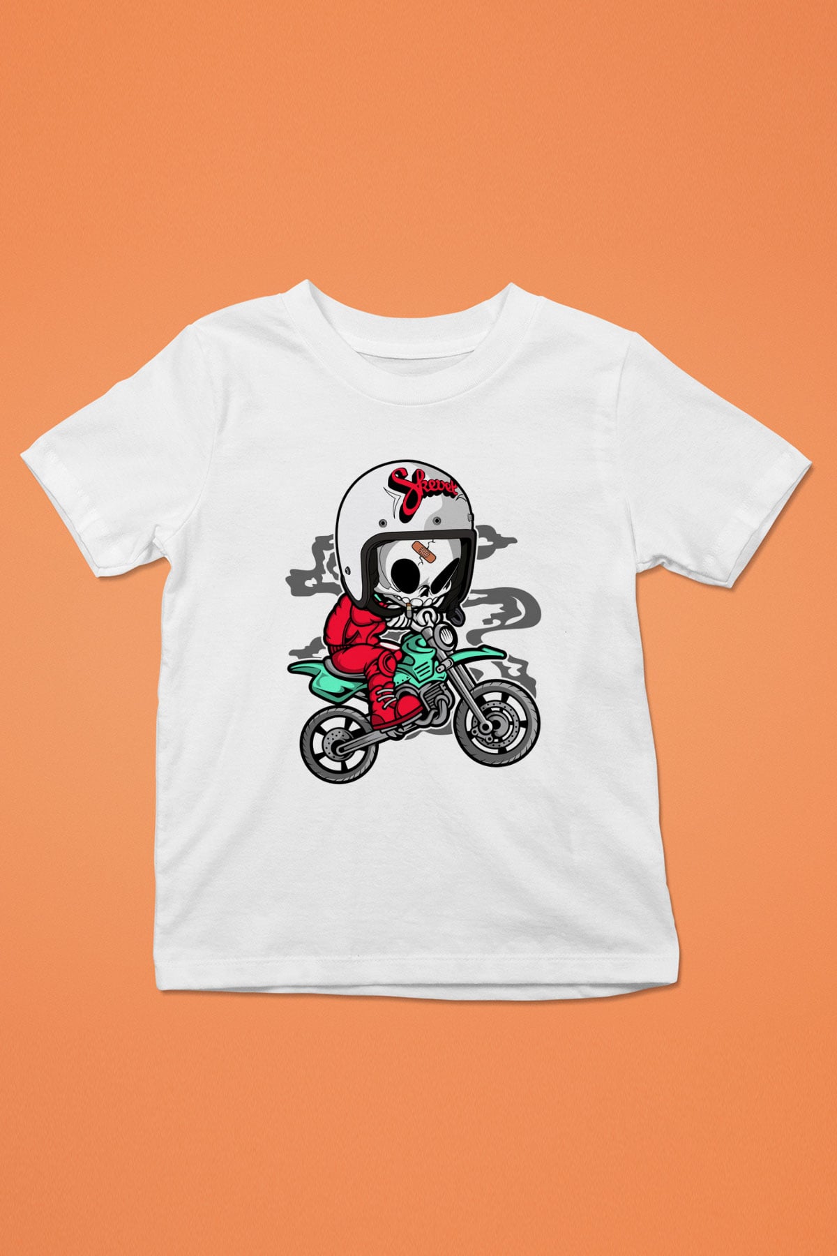 Skull Motocrosser Baskılı Beyaz Unisex Çocuk Tshirt