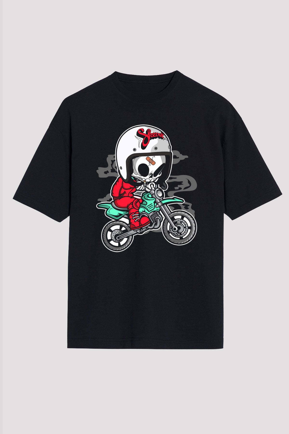 Skull Motocrosser Baskılı Siyah Unisex Oversize Tişört