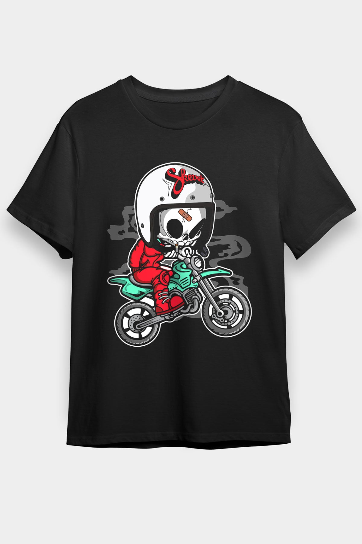 Skull Motocrosser Baskılı Siyah Unisex T-Shirt