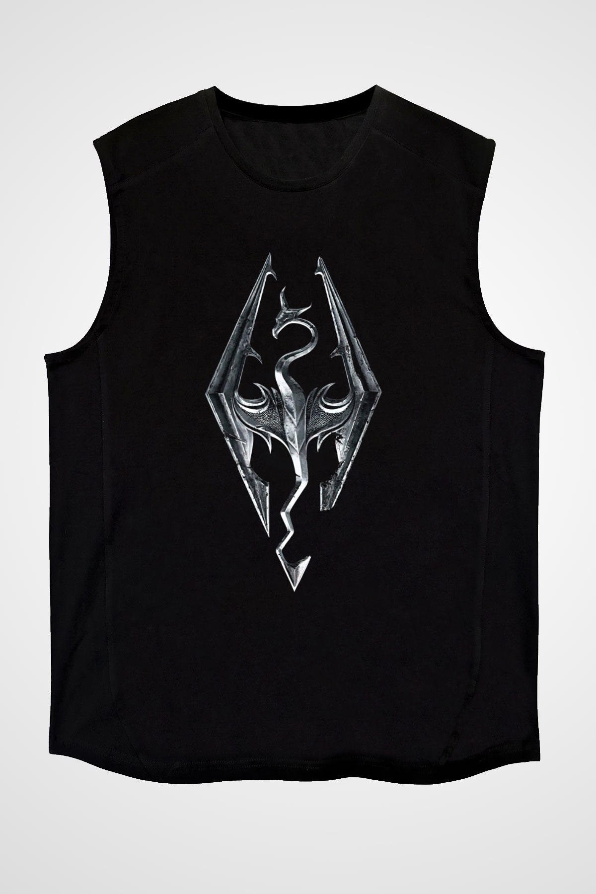 Skyrim Baskılı Unisex Siyah Kolsuz Tişört - Tshirt