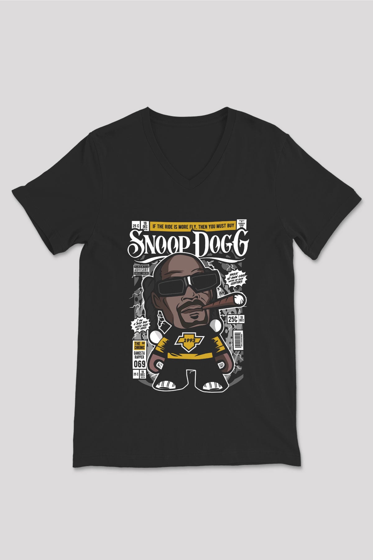 Snop Dog Baskılı Unisex Siyah V Yaka Tişört