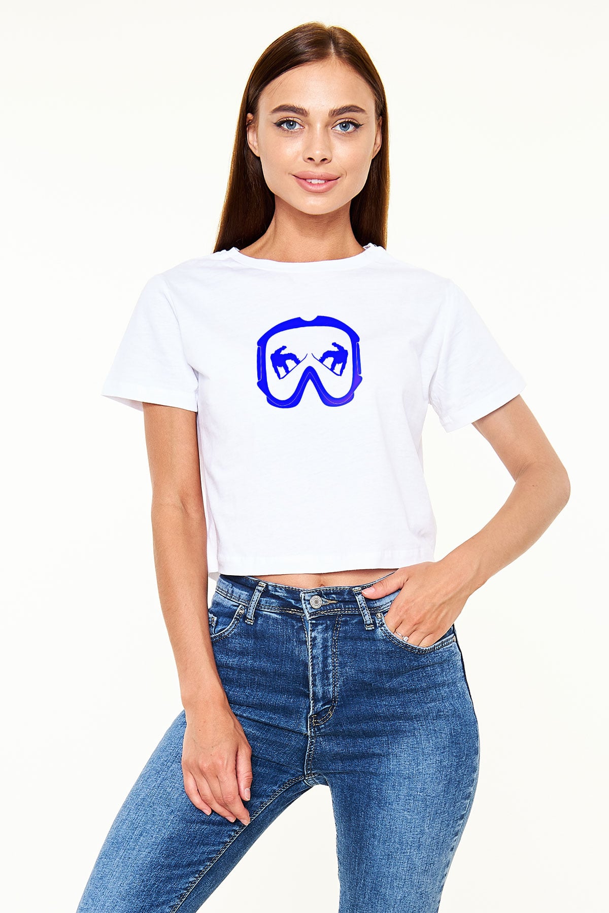Snowboarding Baskılı Crop Top Beyaz Tişört - T-shirt