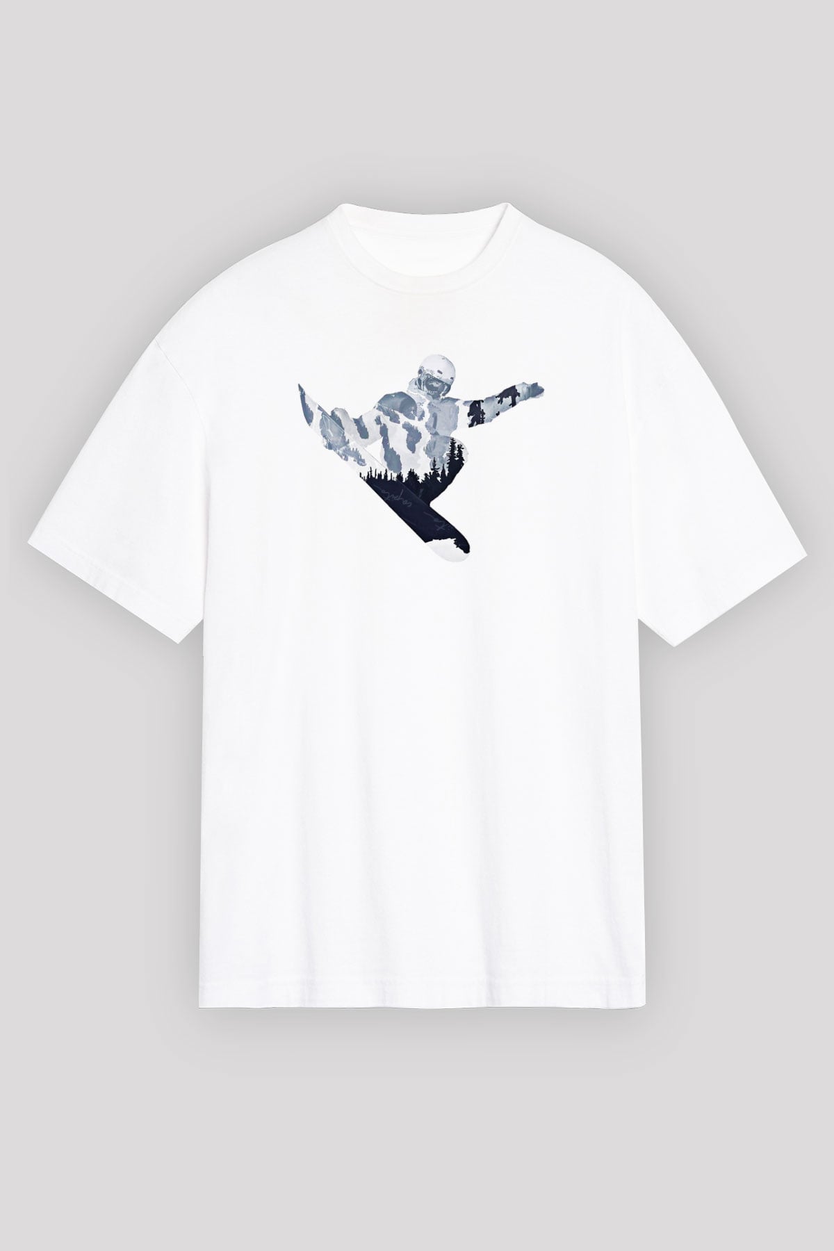 Snowboarding Baskılı Unisex Beyaz Oversize Tişört - Tshirt