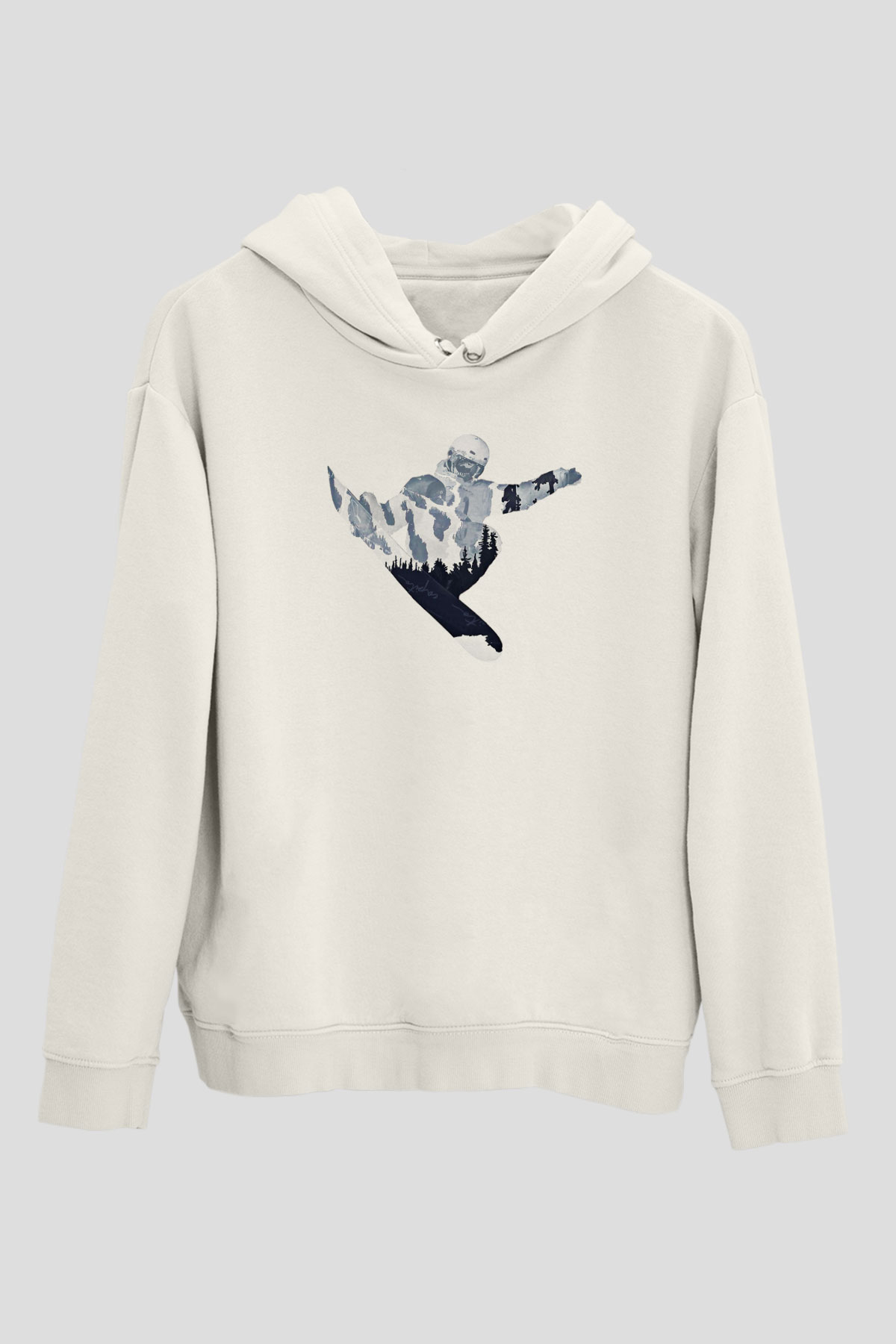 Snowboarding Baskılı Unisex Ekru Hoodie