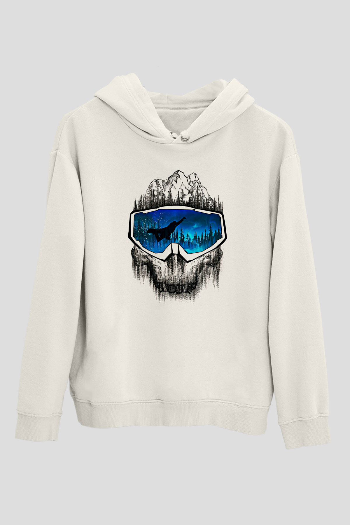 Snowboarding Baskılı Unisex Ekru Hoodie