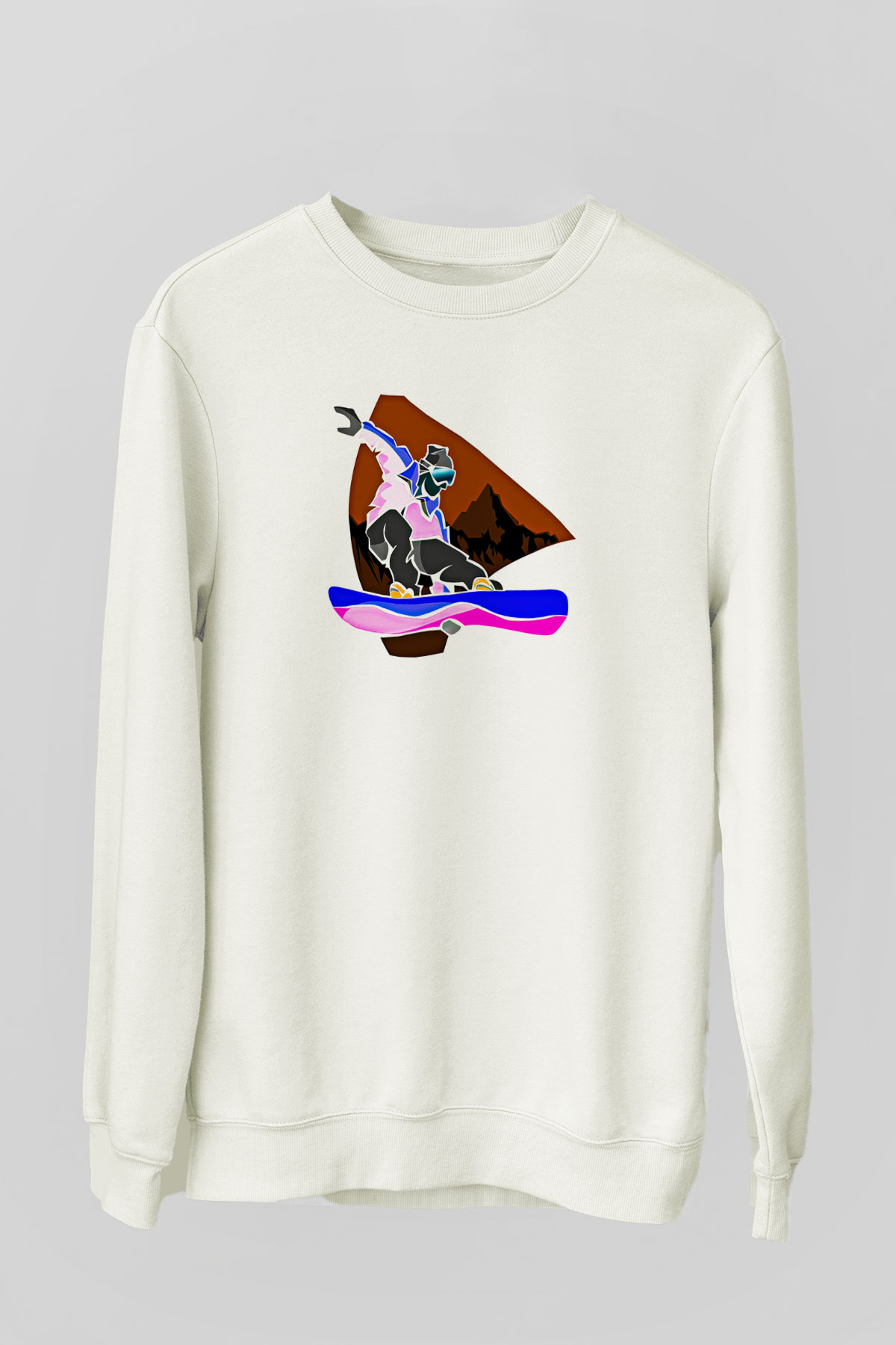 Snowboarding Baskılı Unisex Ekru Sweatshirt