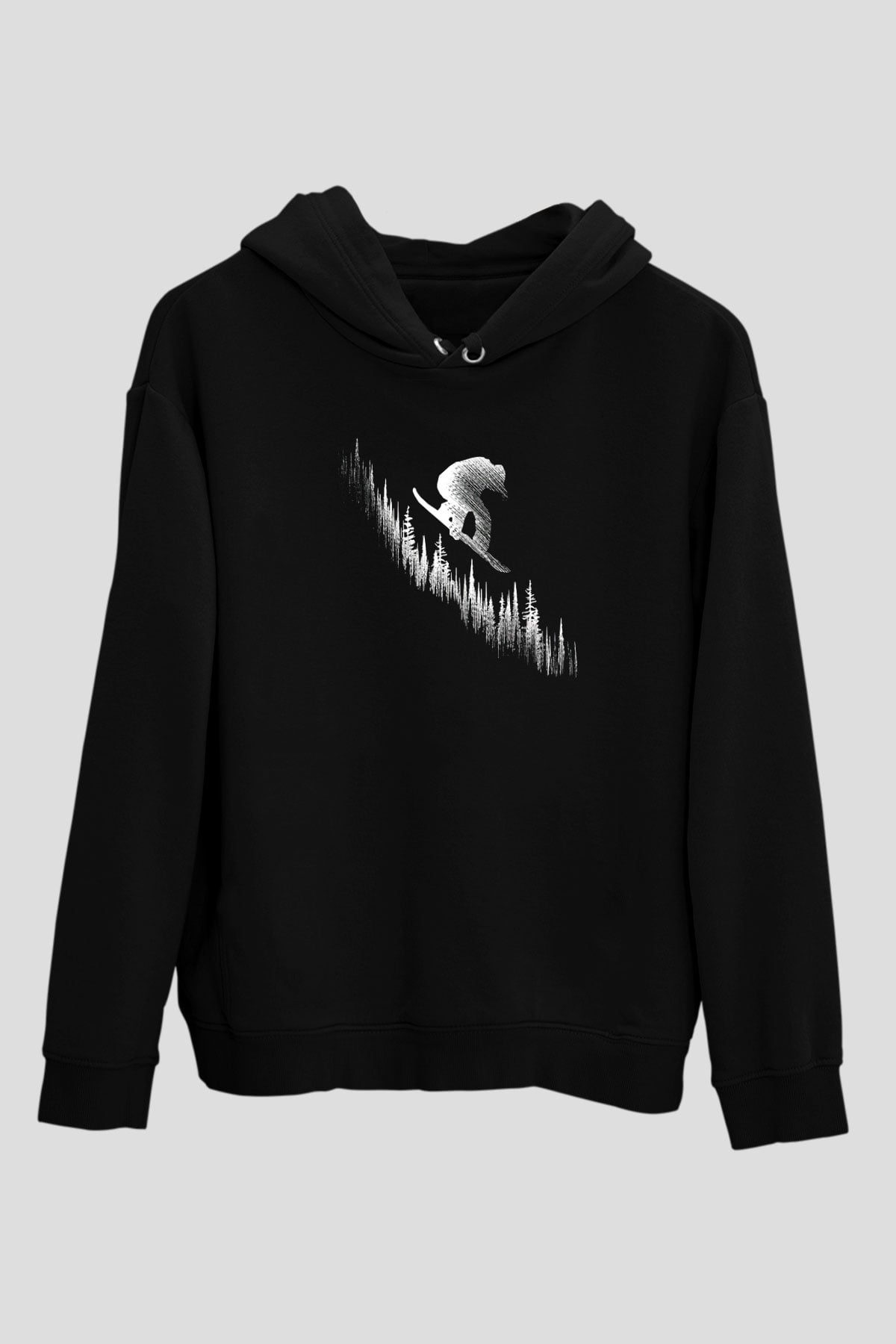 Snowboarding Baskılı Unisex Siyah Kapüşonlu Sweatshirt