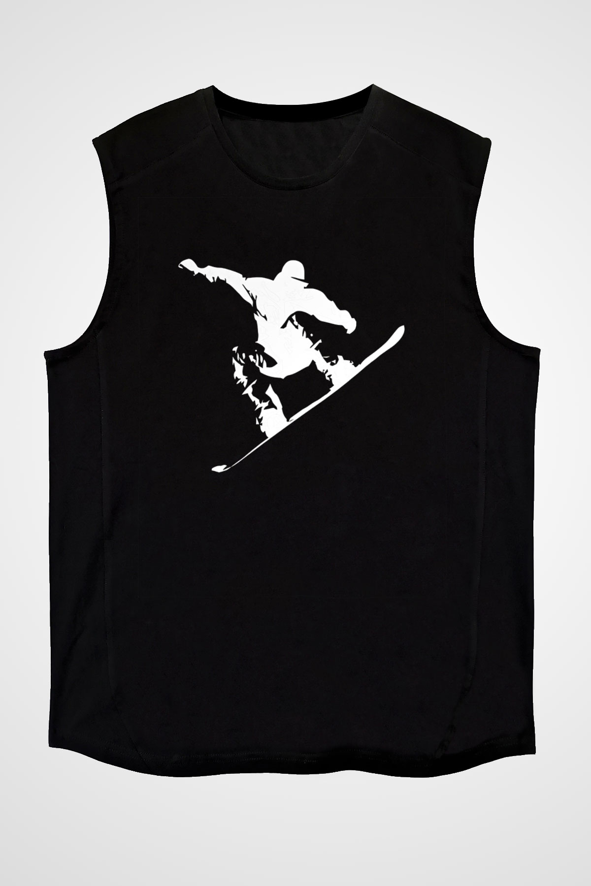 Snowboarding Baskılı Unisex Siyah Kolsuz Tişört