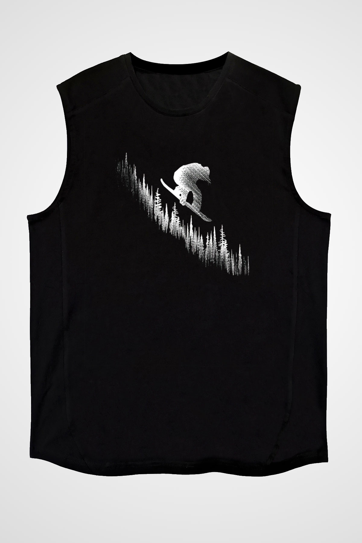 Snowboarding Baskılı Unisex Siyah Kolsuz Tişört