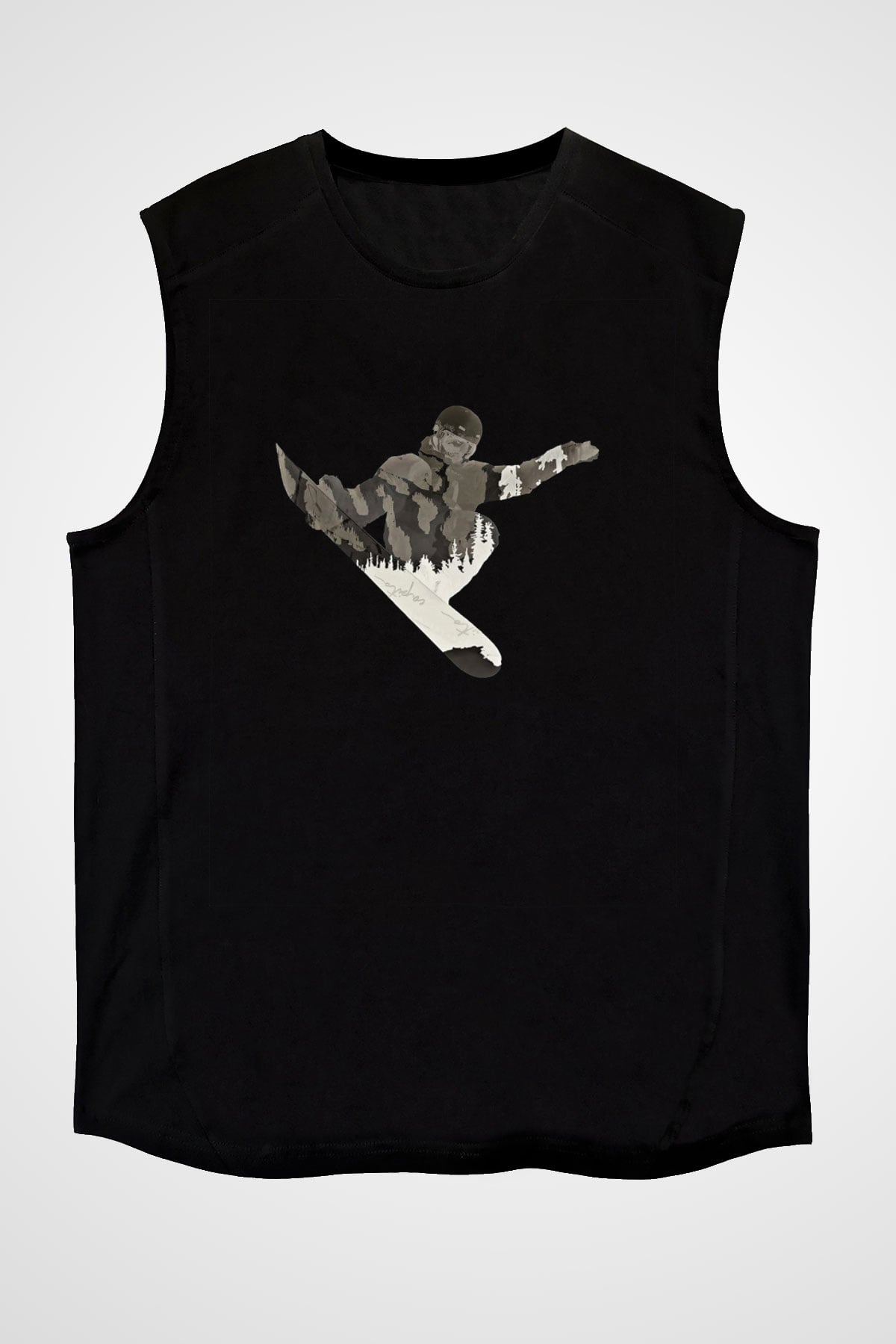 Snowboarding Baskılı Unisex Siyah Kolsuz Tişört