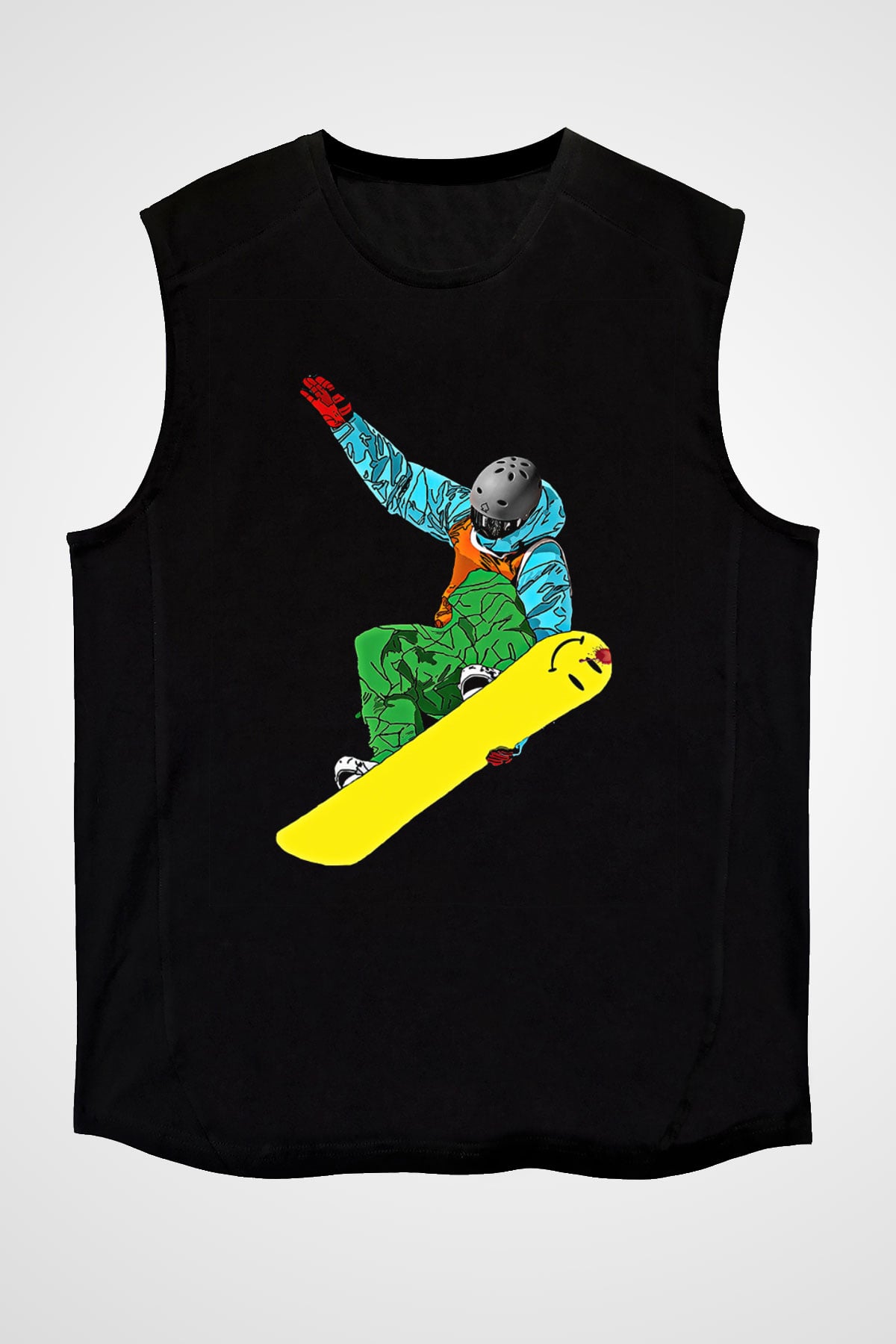 Snowboarding Baskılı Unisex Siyah Kolsuz Tişört