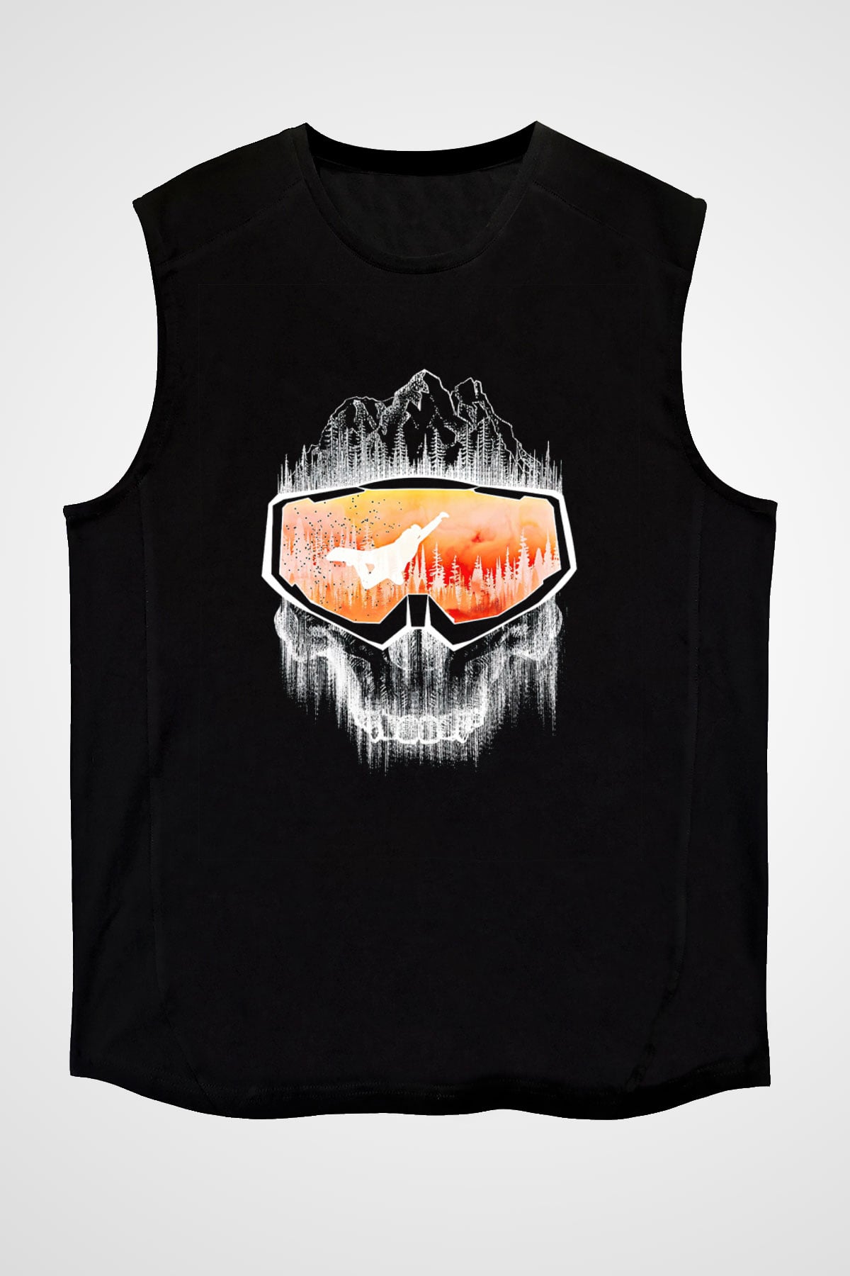 Snowboarding Baskılı Unisex Siyah Kolsuz Tişört