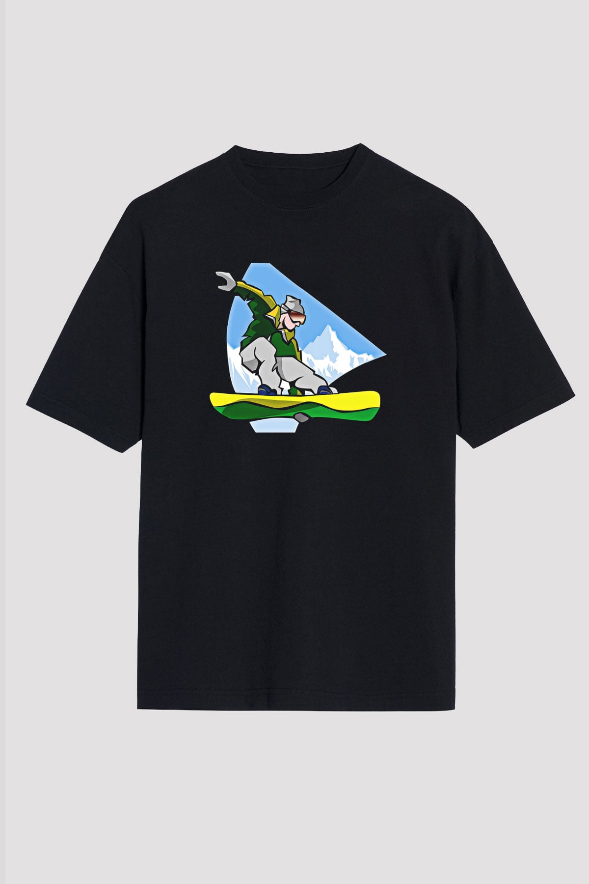 Snowboarding Baskılı Unisex Siyah Oversize Tişört