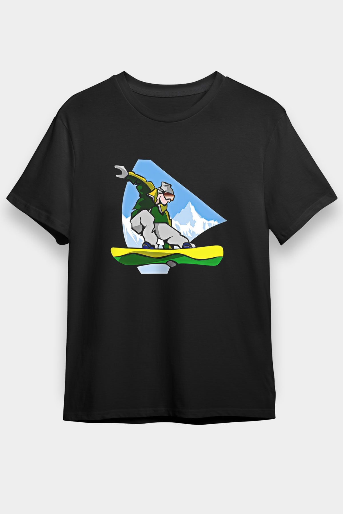 Snowboarding Baskılı Unisex Siyah Tişört - Tshirt