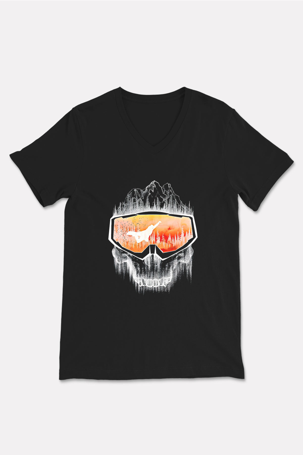 Snowboarding Baskılı Unisex Siyah V Yaka Tişört