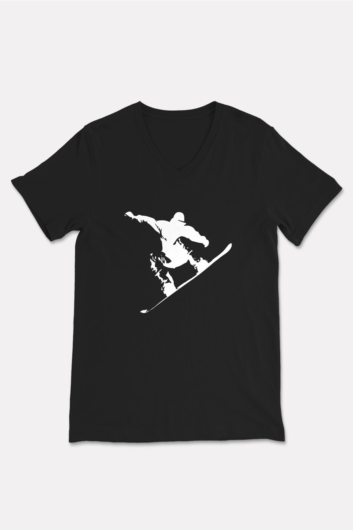 Snowboarding Baskılı Unisex Siyah V Yaka Tişört
