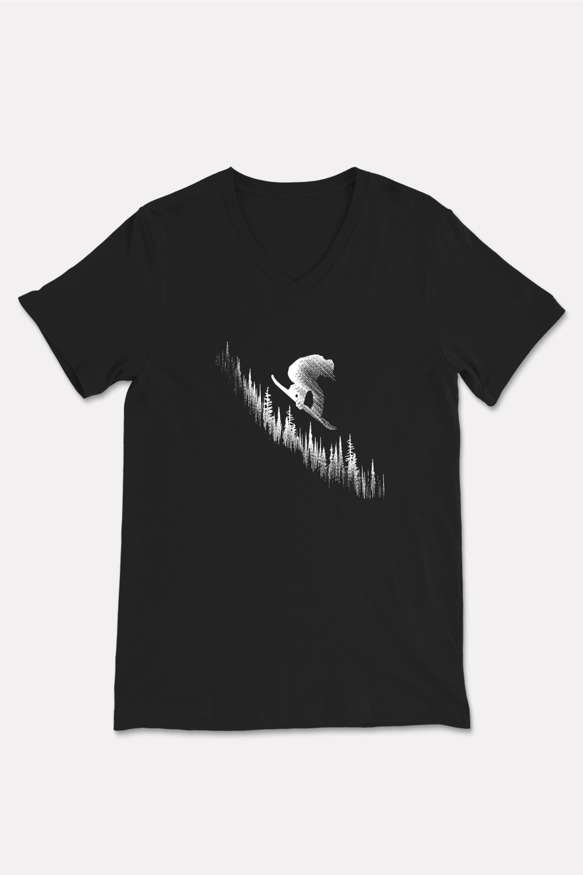 Snowboarding Baskılı Unisex Siyah V Yaka Tişört