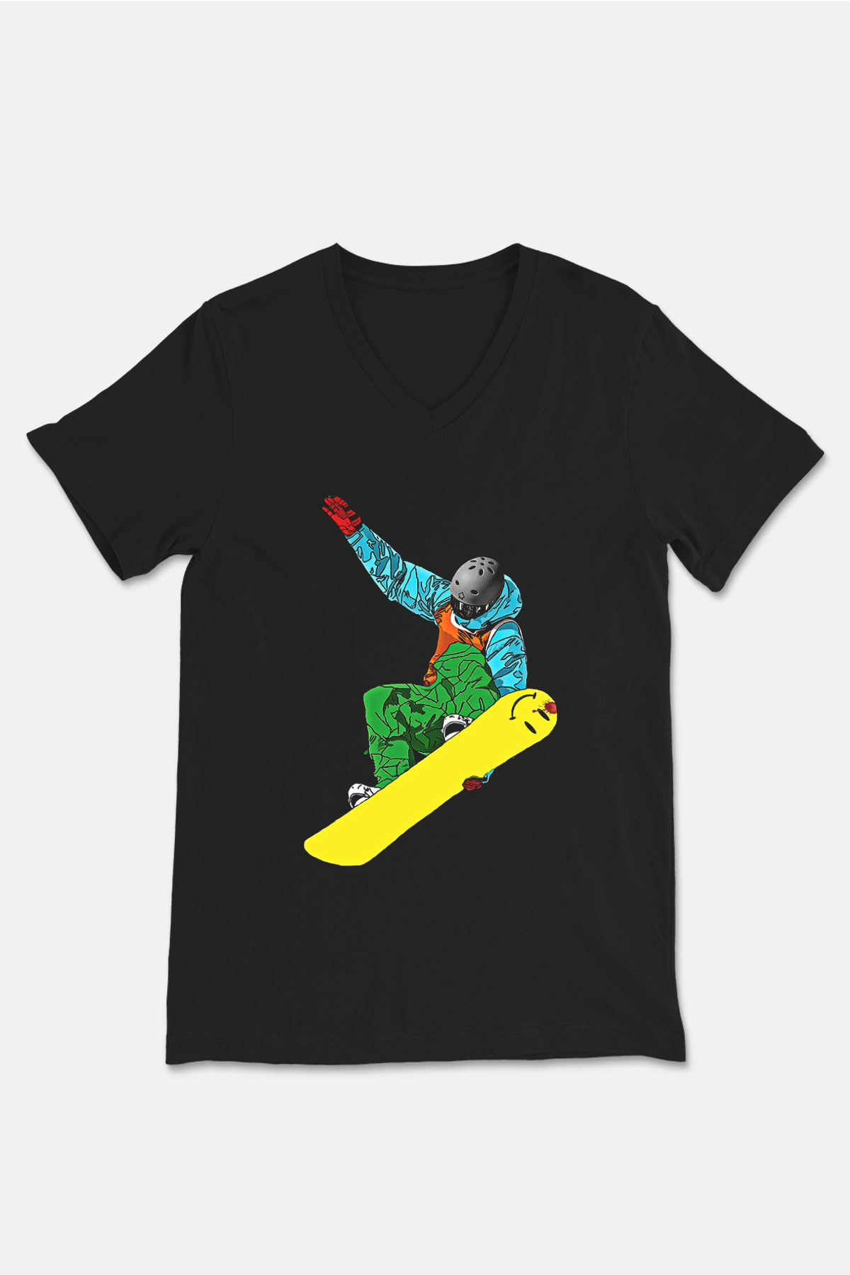 Snowboarding Baskılı Unisex Siyah V Yaka Tişört