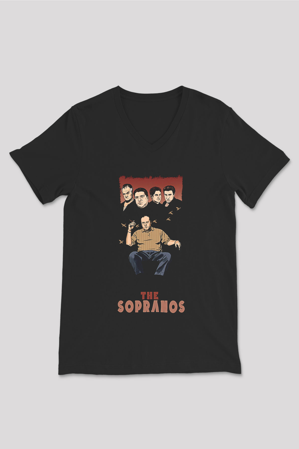 Sopranos Baskılı Unisex Siyah V Yaka Tişört - Tshirt