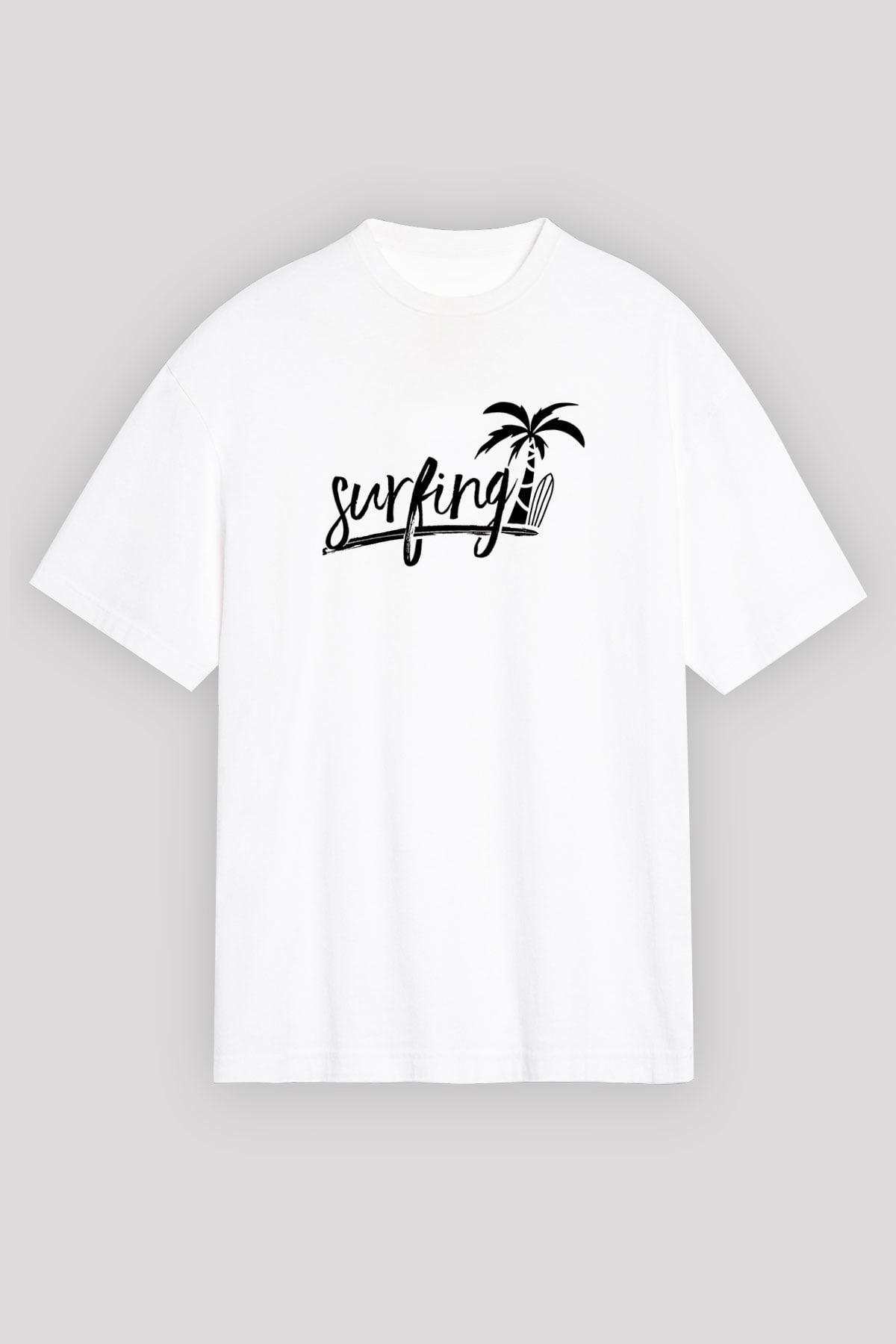 Sörf Baskılı Unisex Beyaz Oversize Tişört - Tshirt
