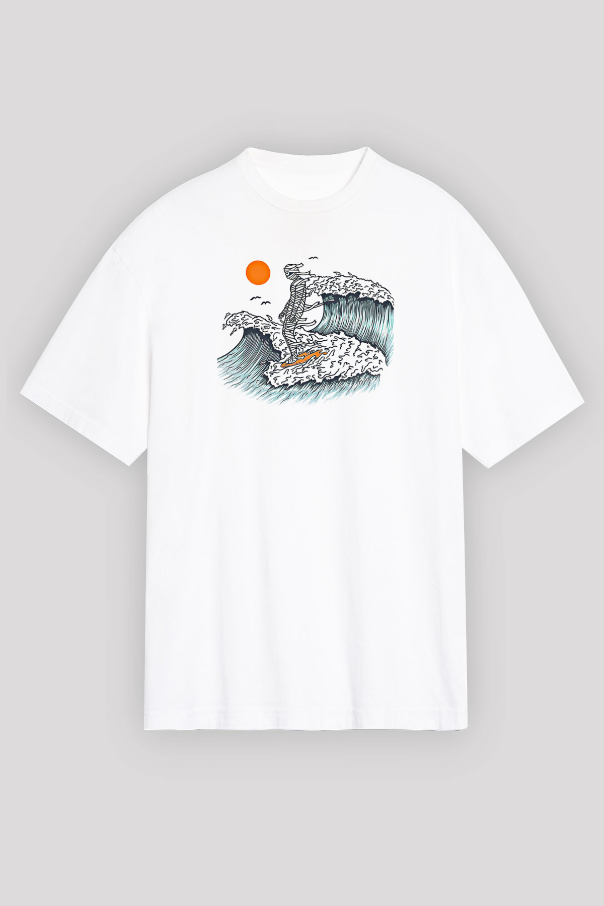 Sörf Baskılı Unisex Beyaz Oversize Tişört - Tshirt