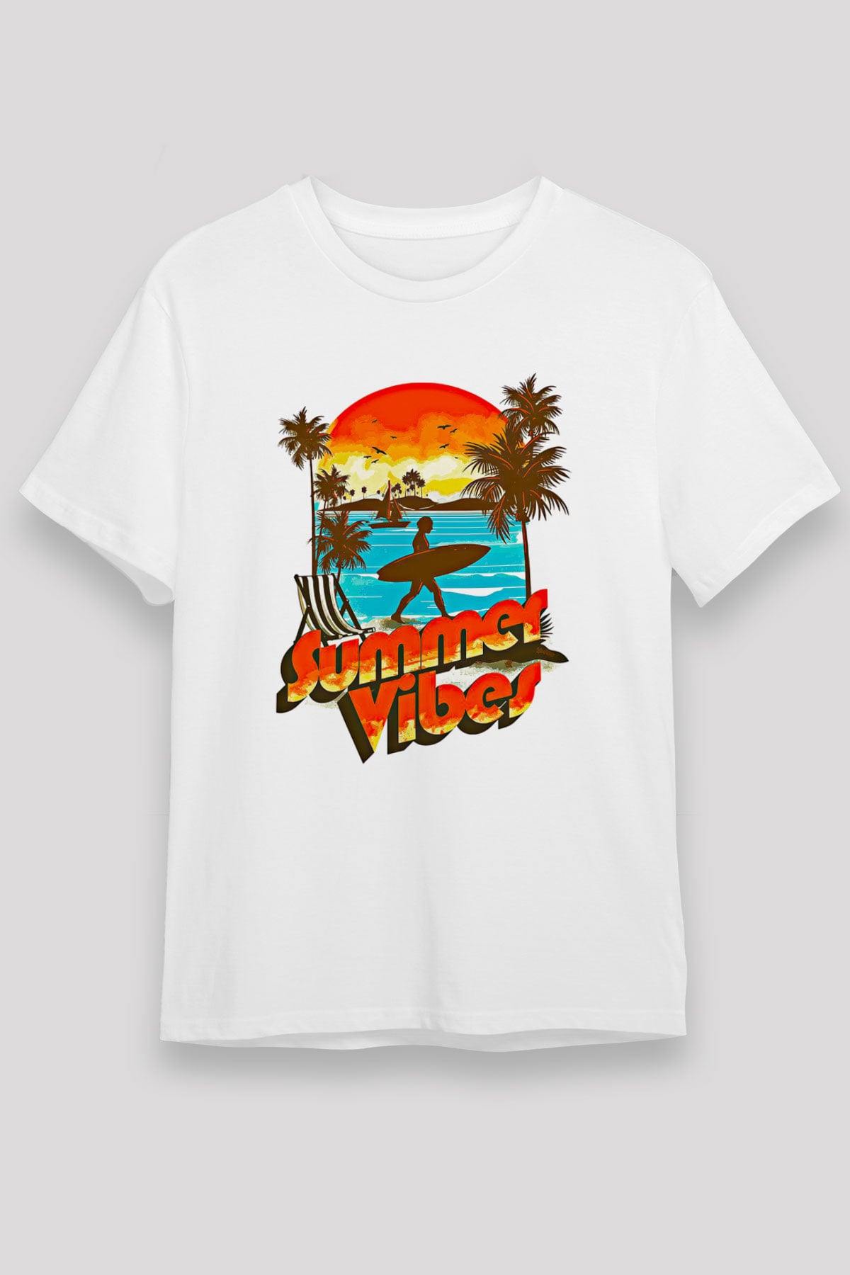 Sörf Baskılı Unisex Beyaz Tişört - Tshirt