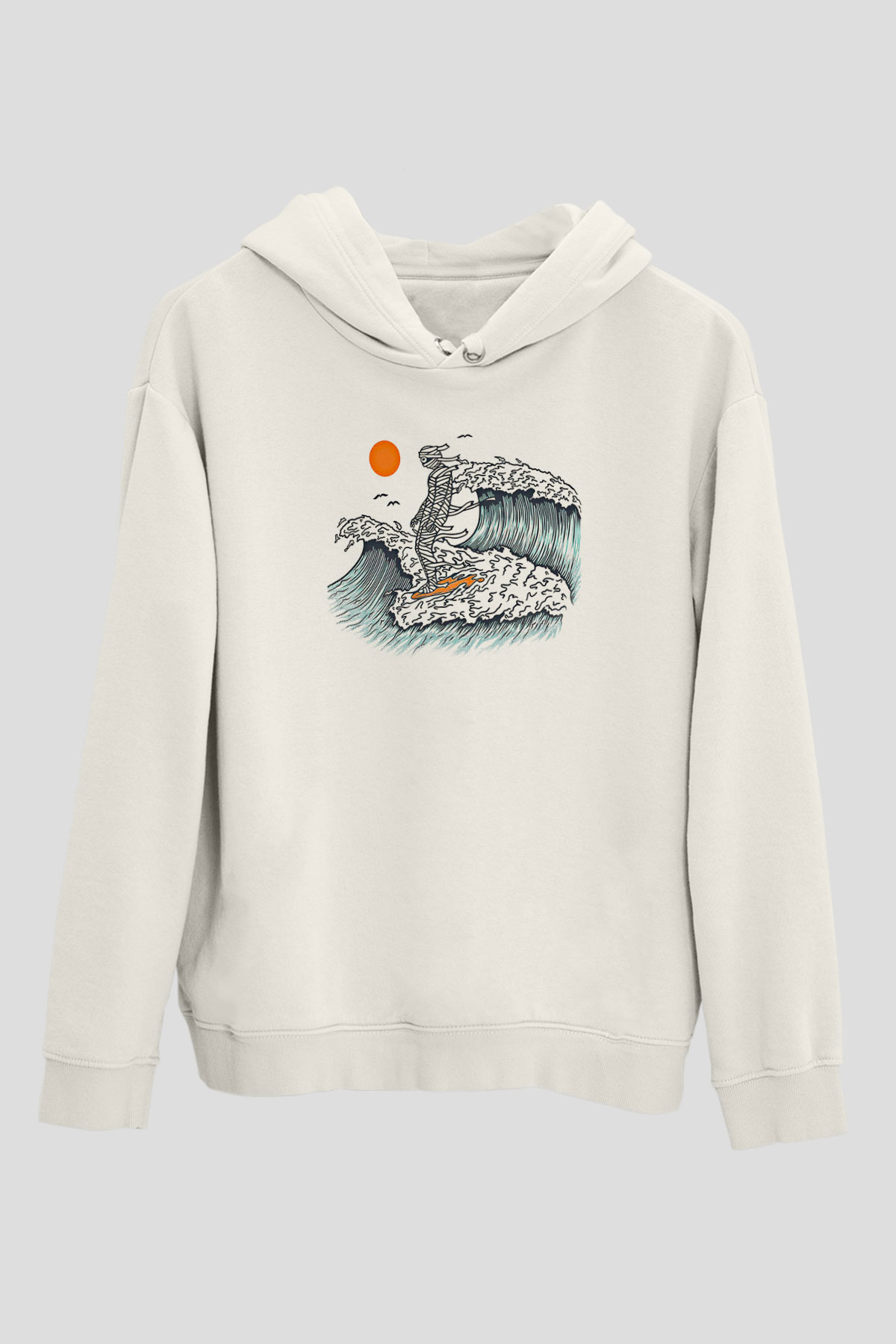 Sörf Baskılı Unisex Ekru Hoodie