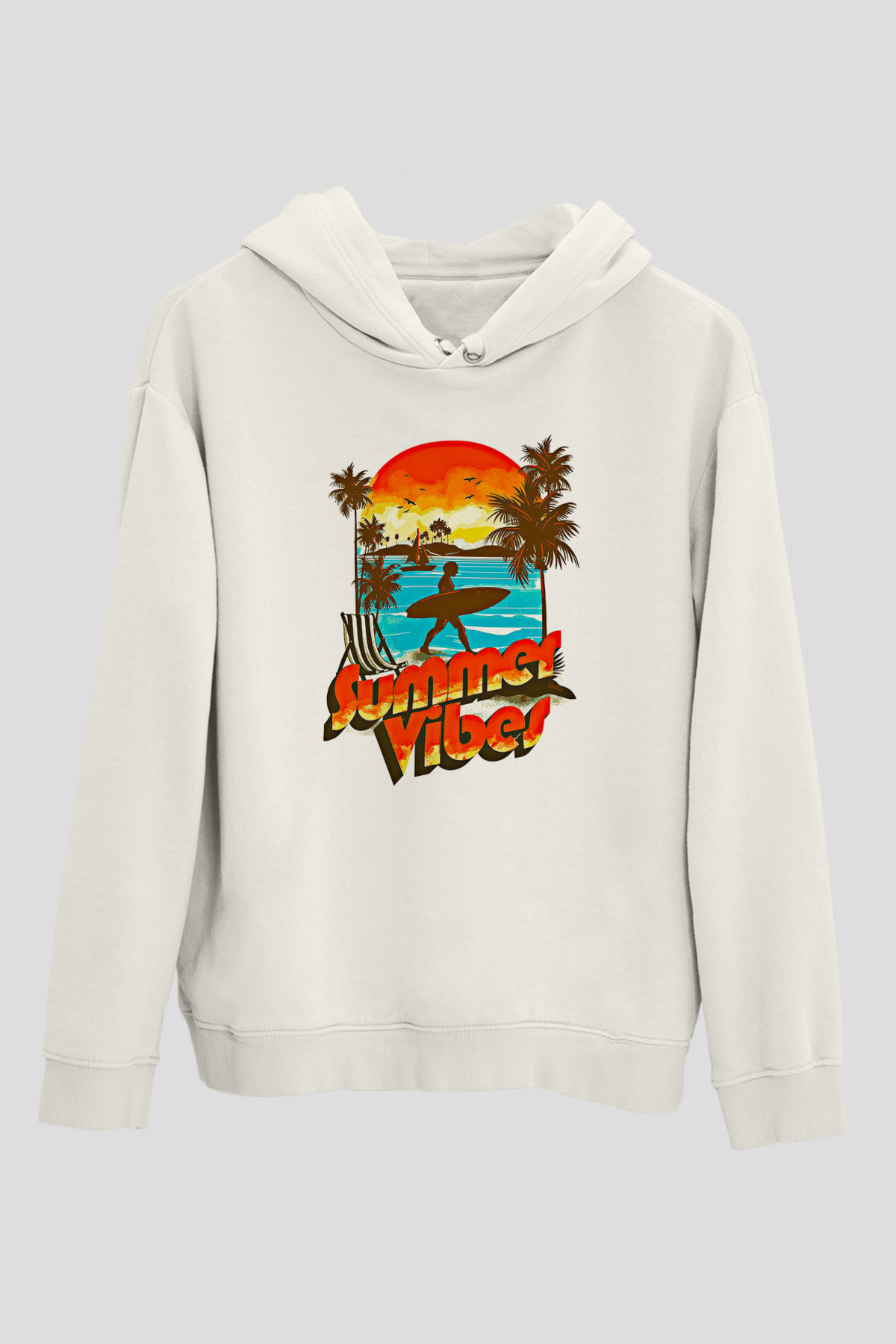 Sörf Baskılı Unisex Ekru Hoodie