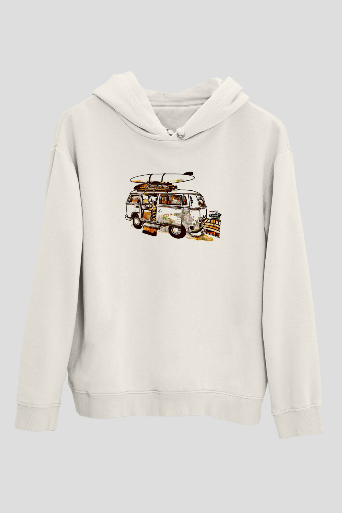 Sörf Baskılı Unisex Ekru Hoodie