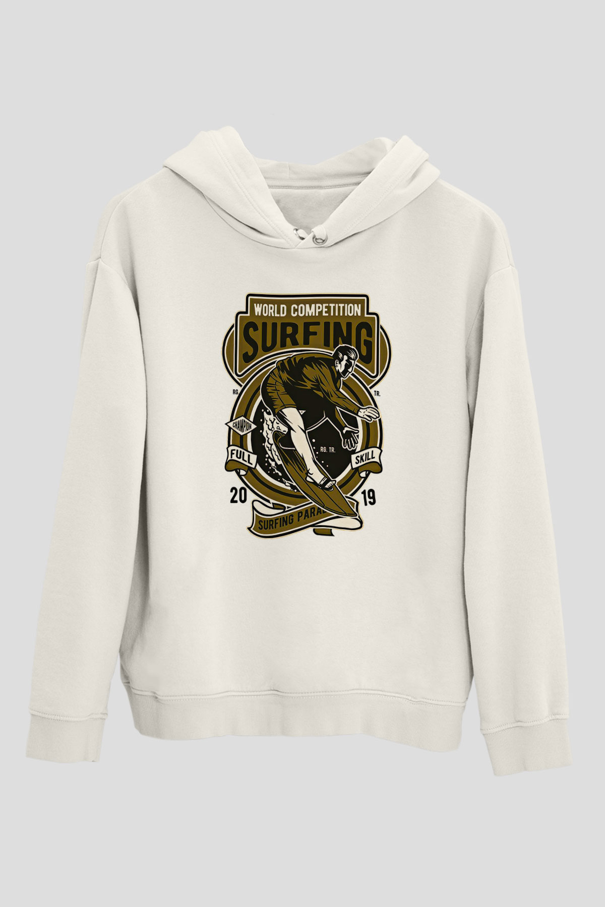 Sörf Baskılı Unisex Ekru Hoodie